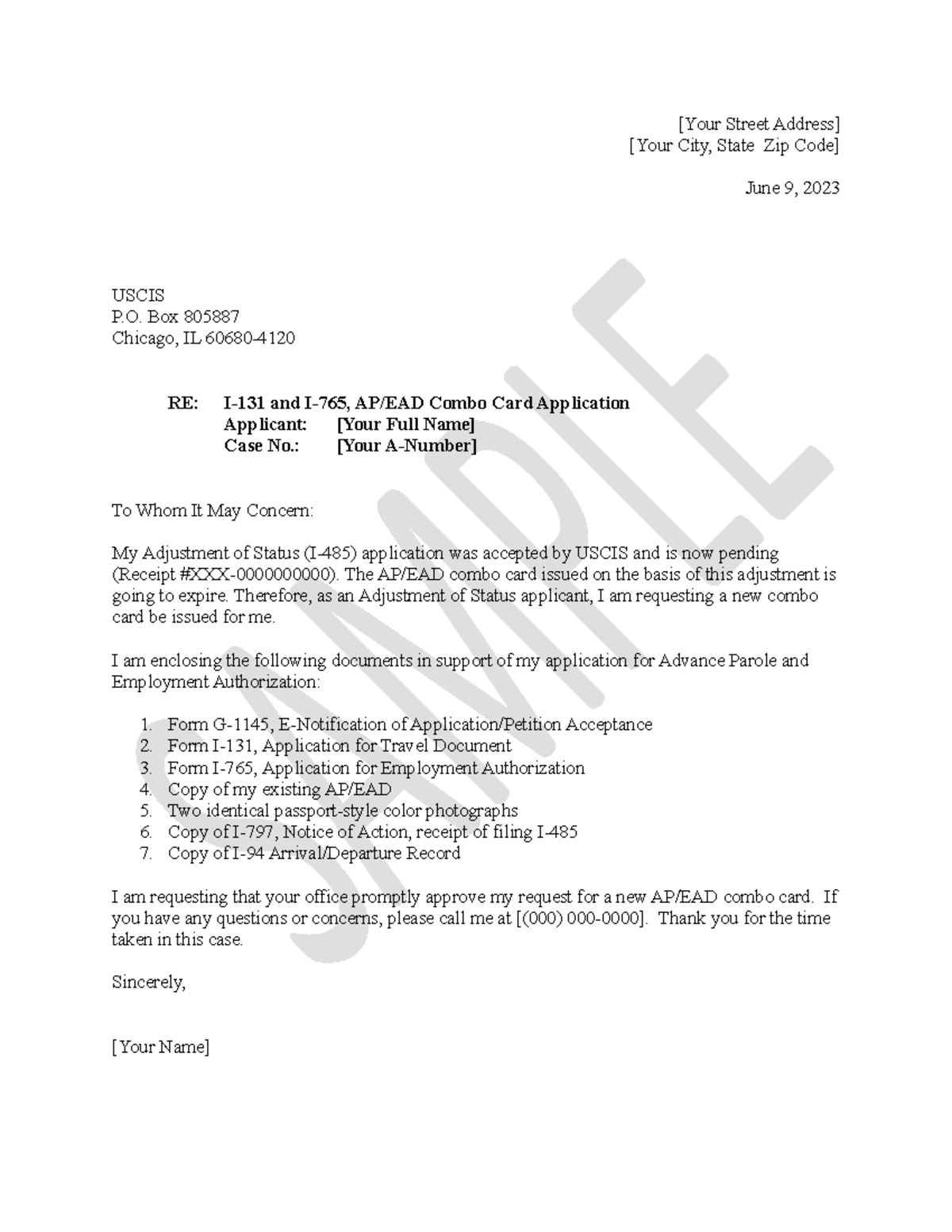 I 131 Cover Letter Sample Combo Card - [Your Street Address] [Your City