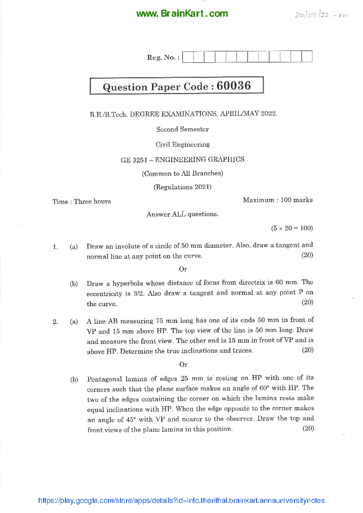 Engineering Graphics - GE3251 2021 Regulation - 2022 April May Set 1 ...