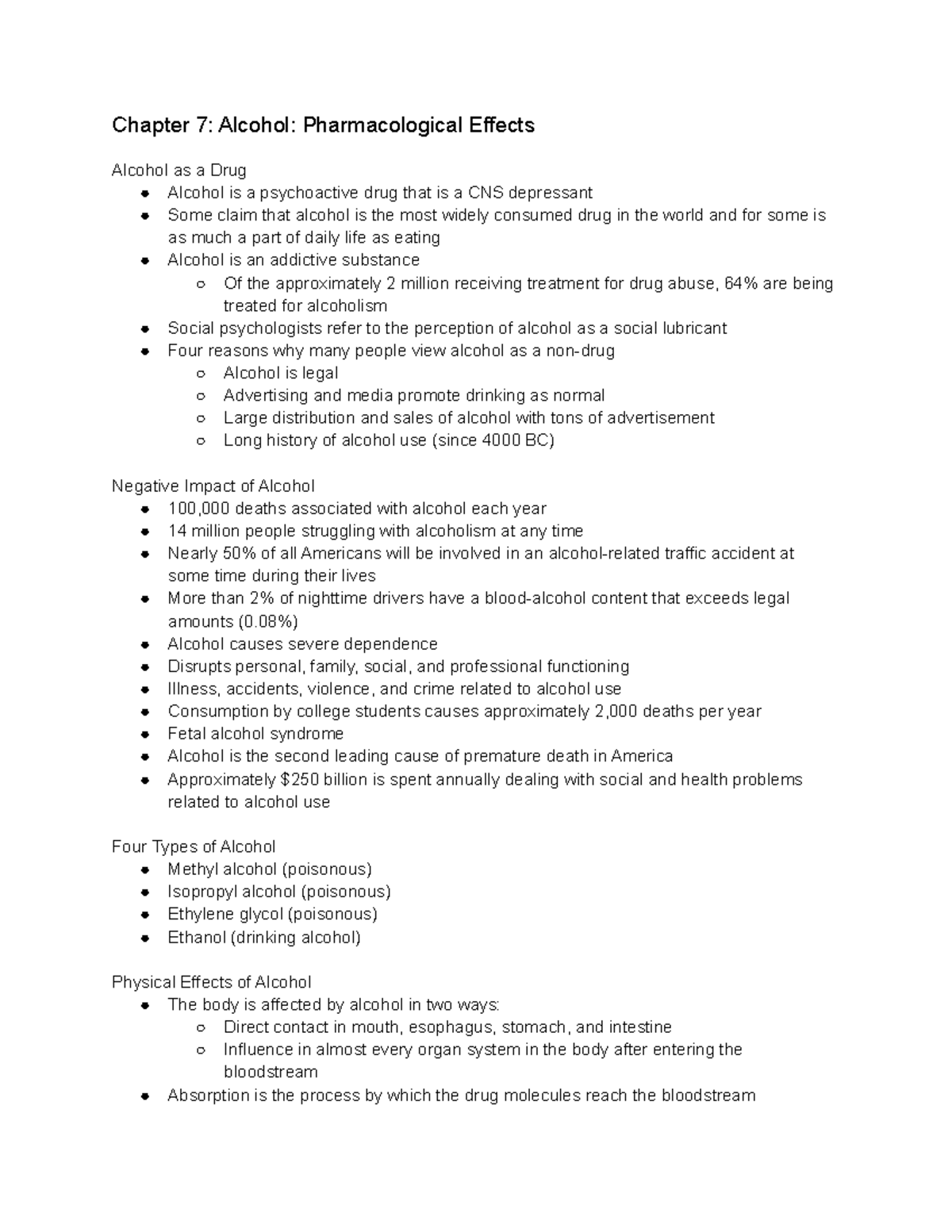 Ch 7 Chapter 7 Notes Alcohol Pharmacological Effects Chapter 7 Alcohol Pharmacological