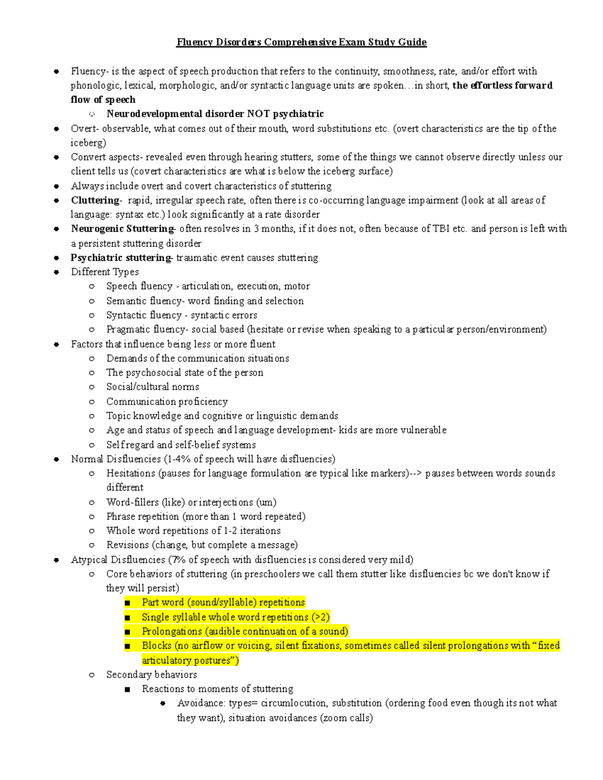 Fluency Disorders - Comprehensive Exam SG - Fluency Disorders ...