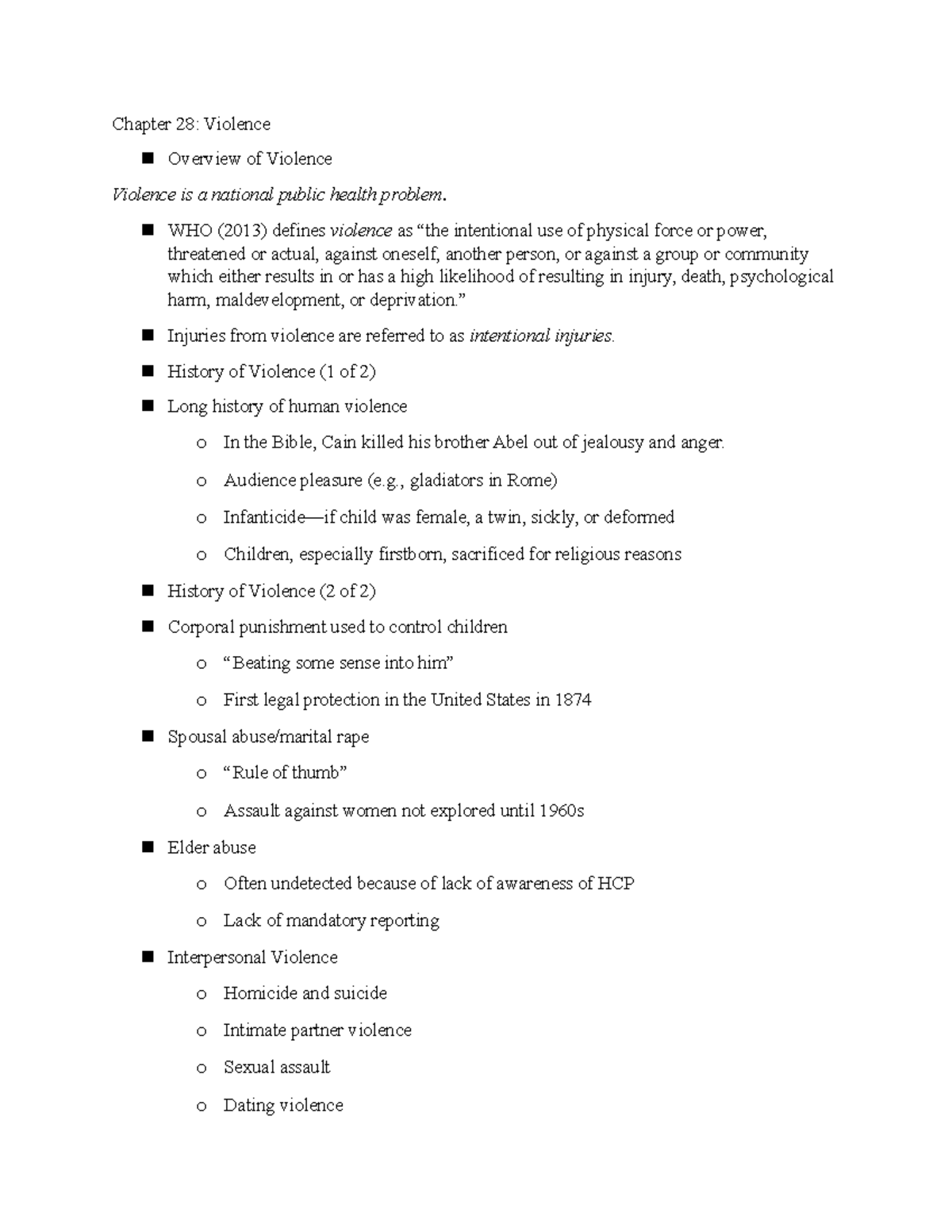 Lecture notes on Violence C28 Chapter 28 Violence Overview of