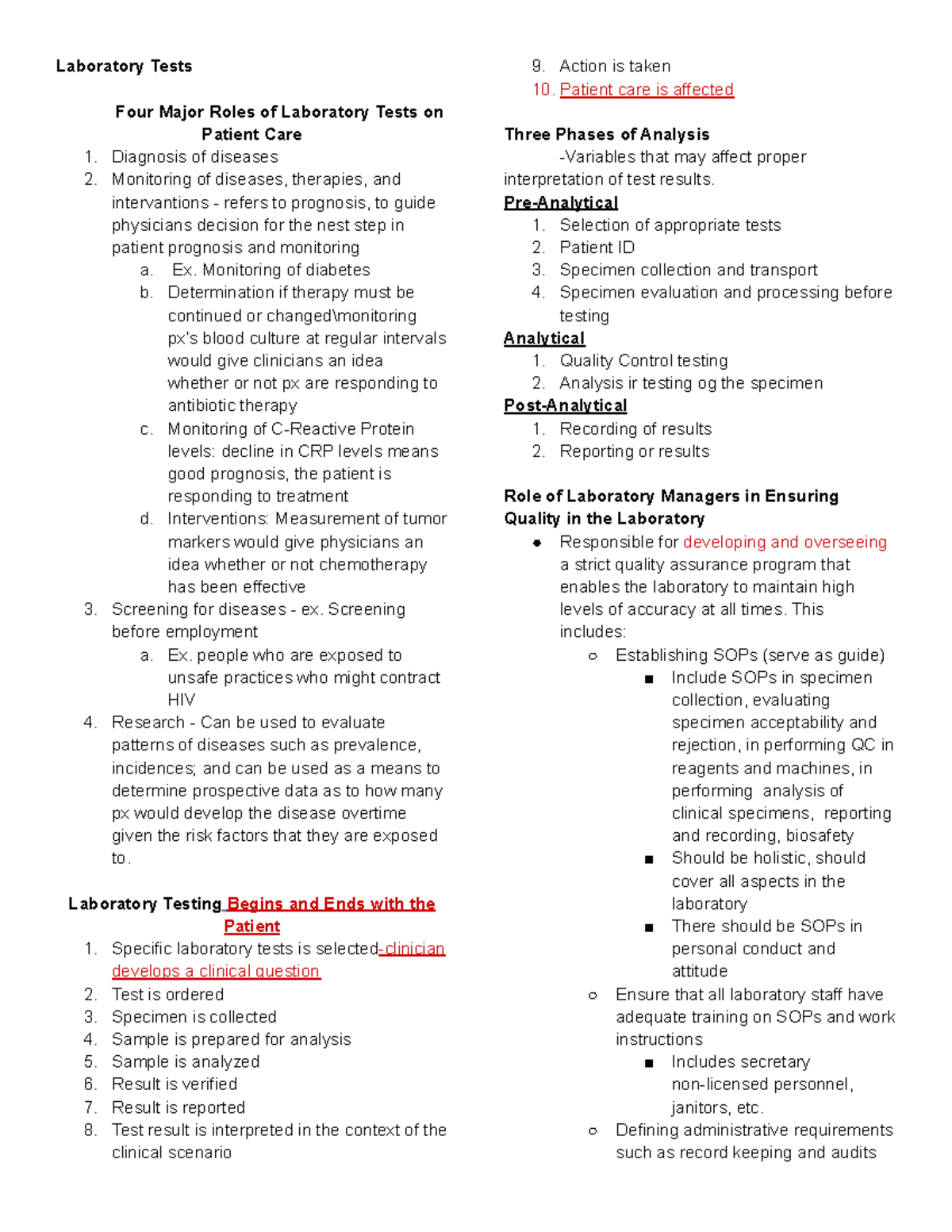 Analysis and Quality in the Laboratory Laboratory Tests Four Major