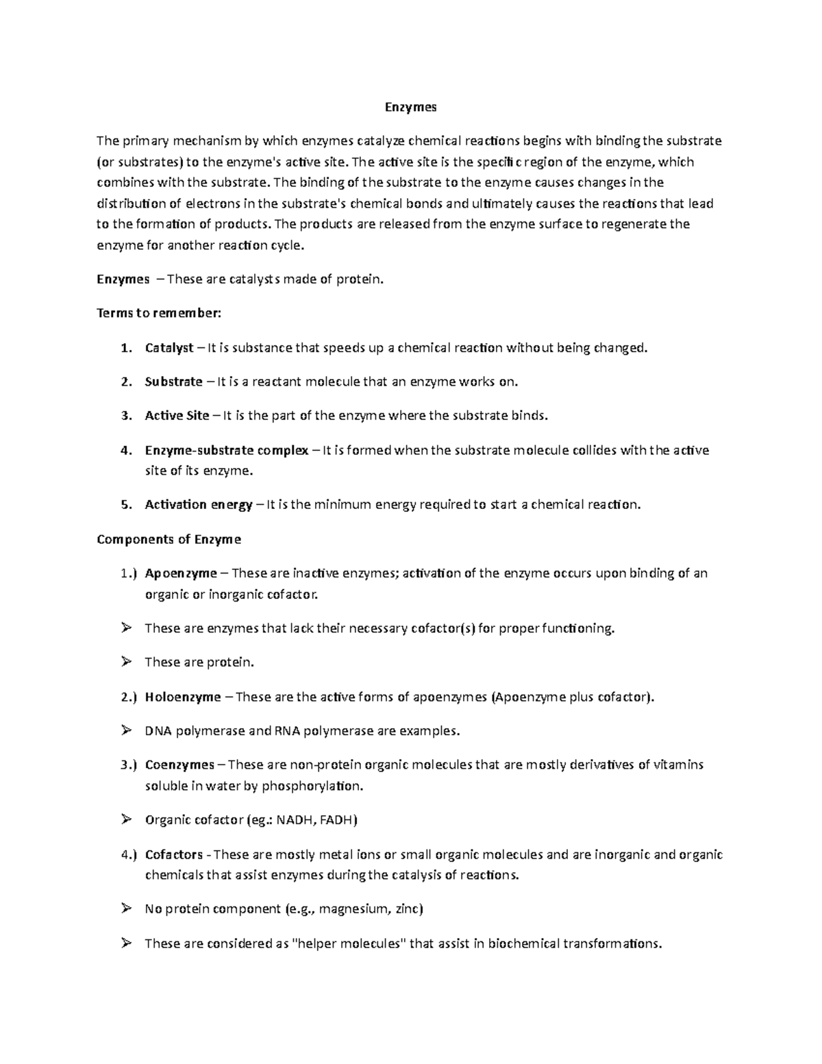 Enzymes Notes Gen Biology 1 Enzymes The primary mechanism by which