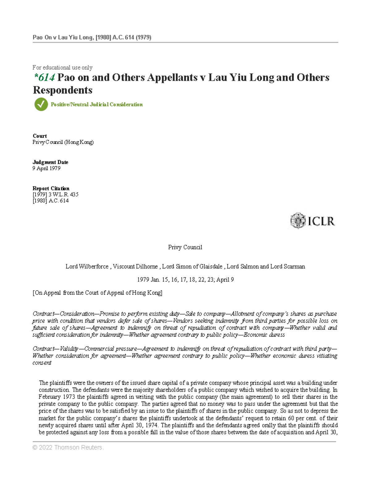 Pao On v Lau Yiu Long case For educational use only *614 Pao on and Others Appellants v Lau