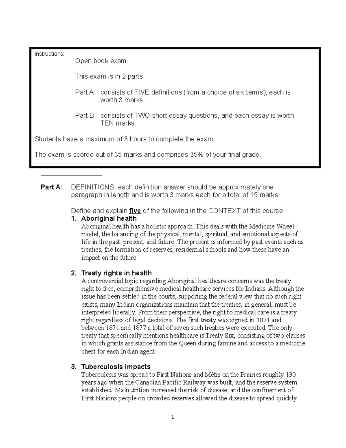 Final Exam - Part A: DEFINITIONS: each definition answer should be ...