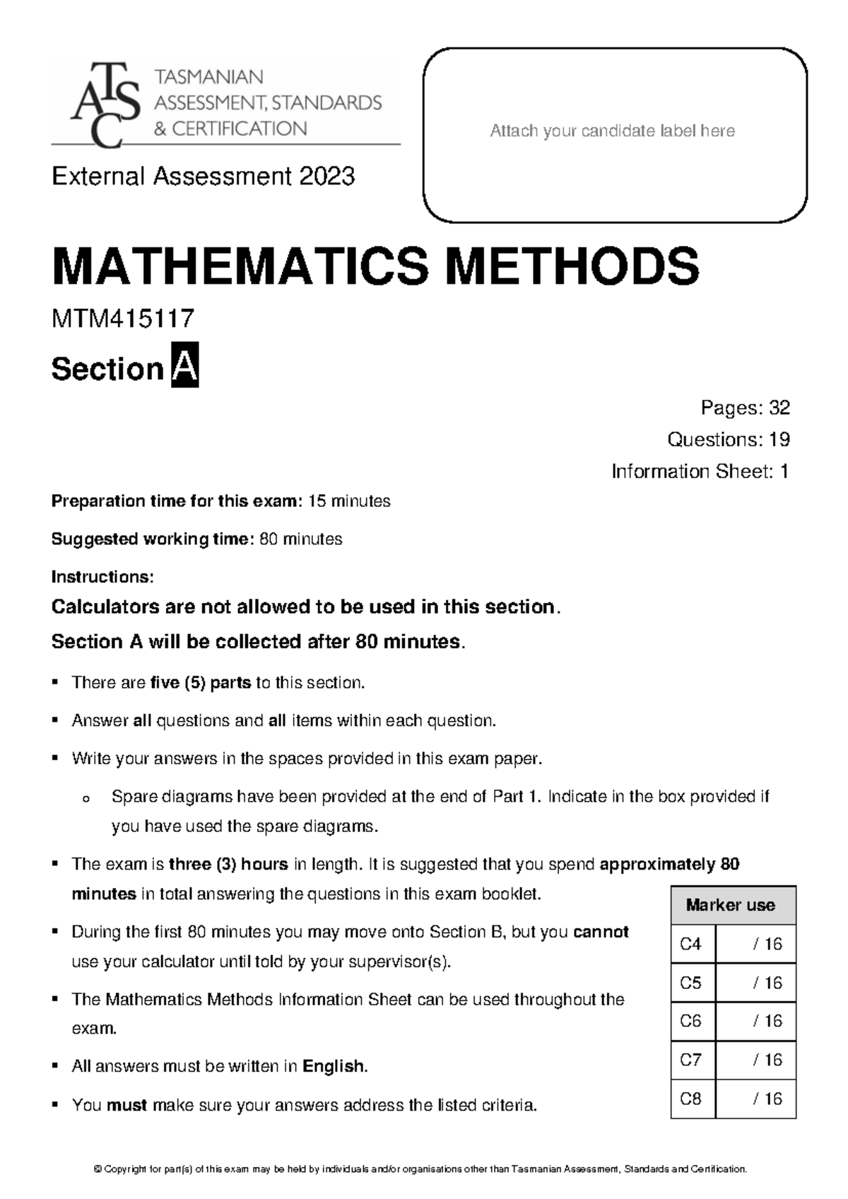 Mathsmethods 2023 exam - © Copyright for part(s) of this exam may be ...