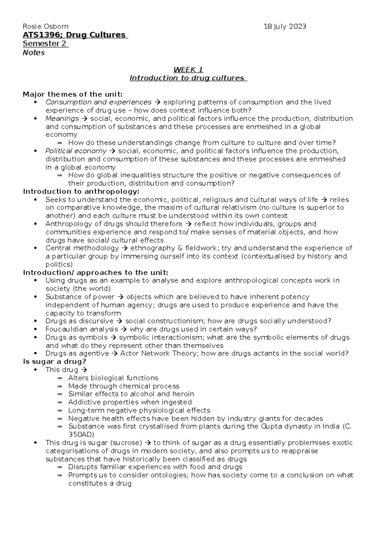 DRUG Cultures Master DOC Notes ATS1396; Drug Cultures Semester 2 Notes WEEK 1 Introduction to