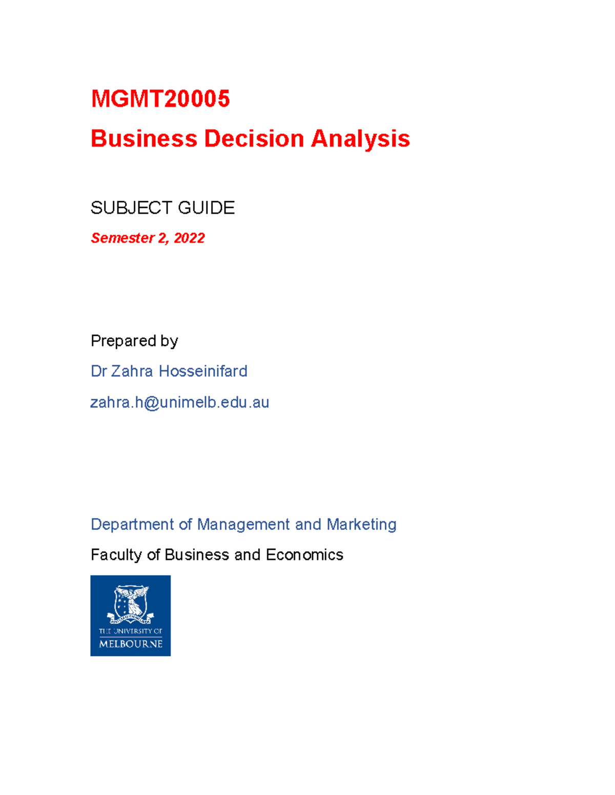 Subject Guide MGMT2000 5 Business Decision Analysis 2022 MGMT Business Decision Analysis
