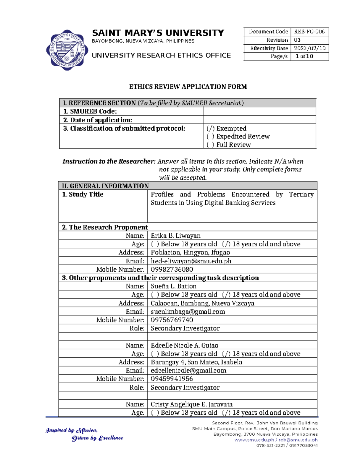 REB FO 006 Protocol Application Form - SAINT MARY’S UNIVERSITY ...