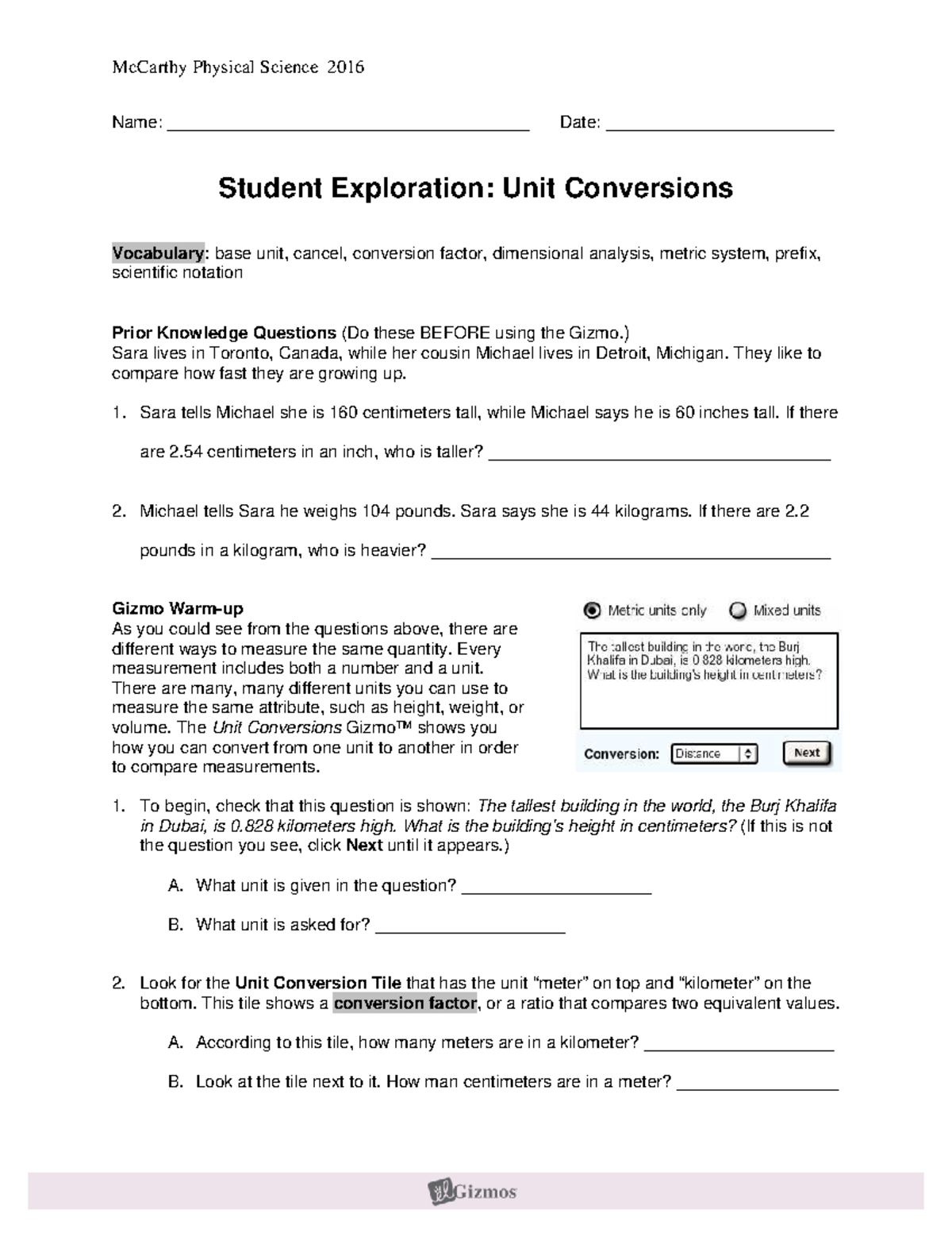 Unit Conversion explore with quiz - McCarthy Physical Science 2016 Name ...