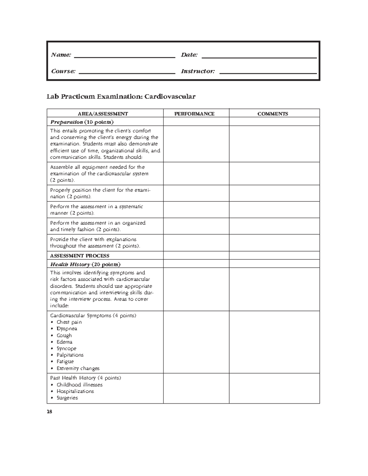 Cardio and PV Checklist - AREA/ASSESSMENT PERFORMANCE COMMENTS ...