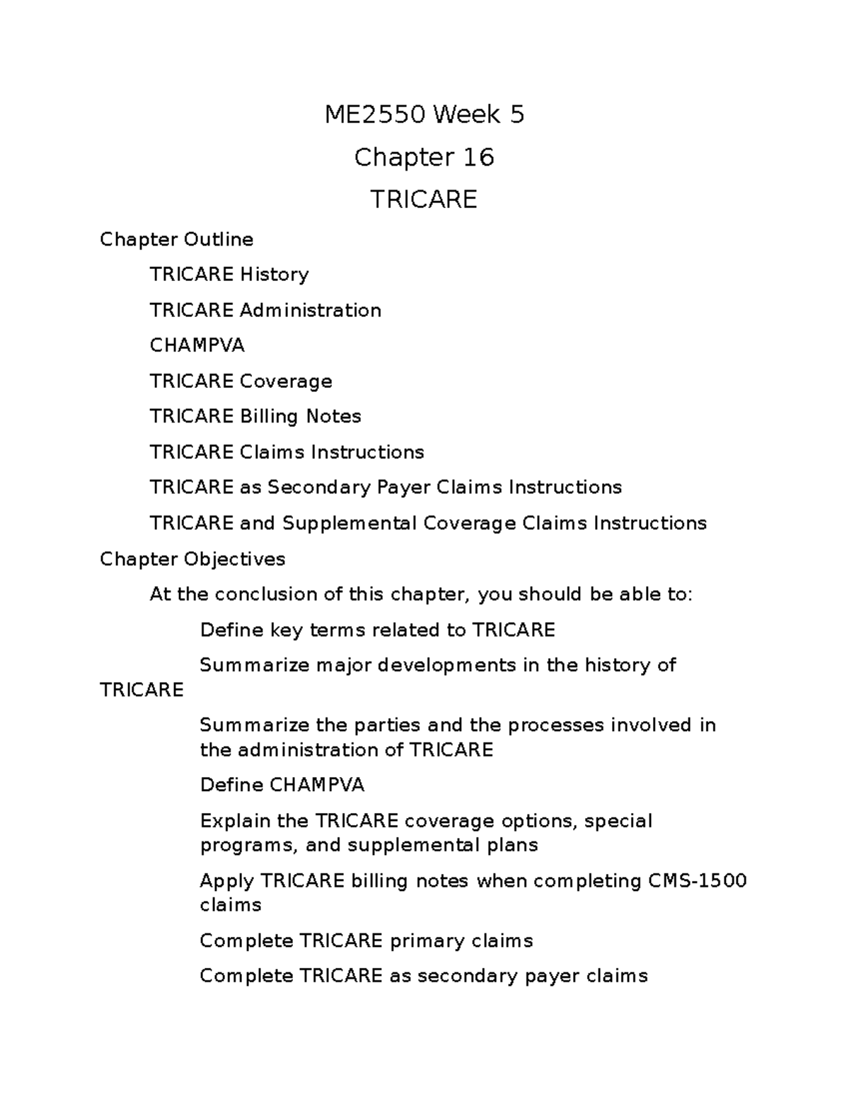 ME2550 Week 5 Tricare PP - ME2550 Week 5 Chapter 16 TRICARE Chapter ...