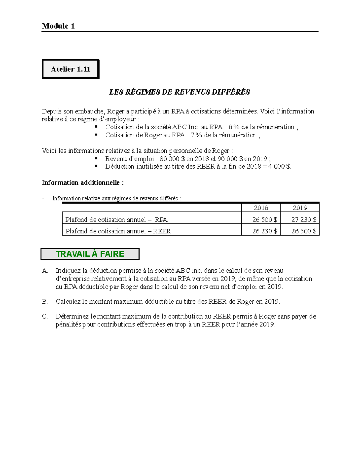Atelier 1.11 Régimes De Revenus Différés - Module 1 Atelier 1. LES ...