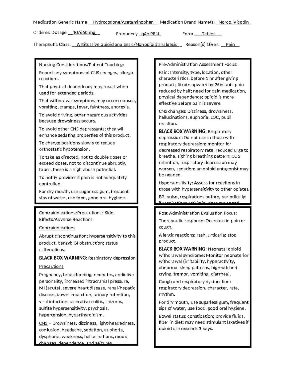 HydrocodoneAcetaminophen Nursing Considerations/Patient Teaching