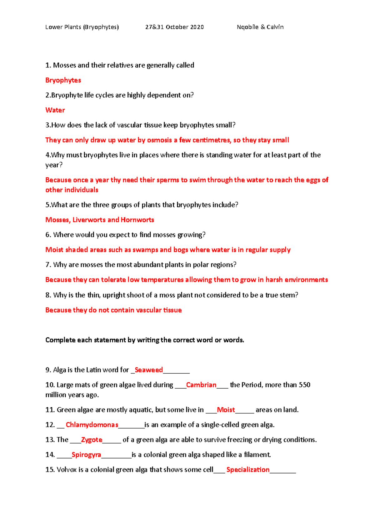 Lower plants worksheets memo - Mosses and their relatives are generally ...