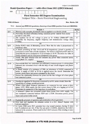 21ELE13set2 - Basic electrical engineering model question paper with