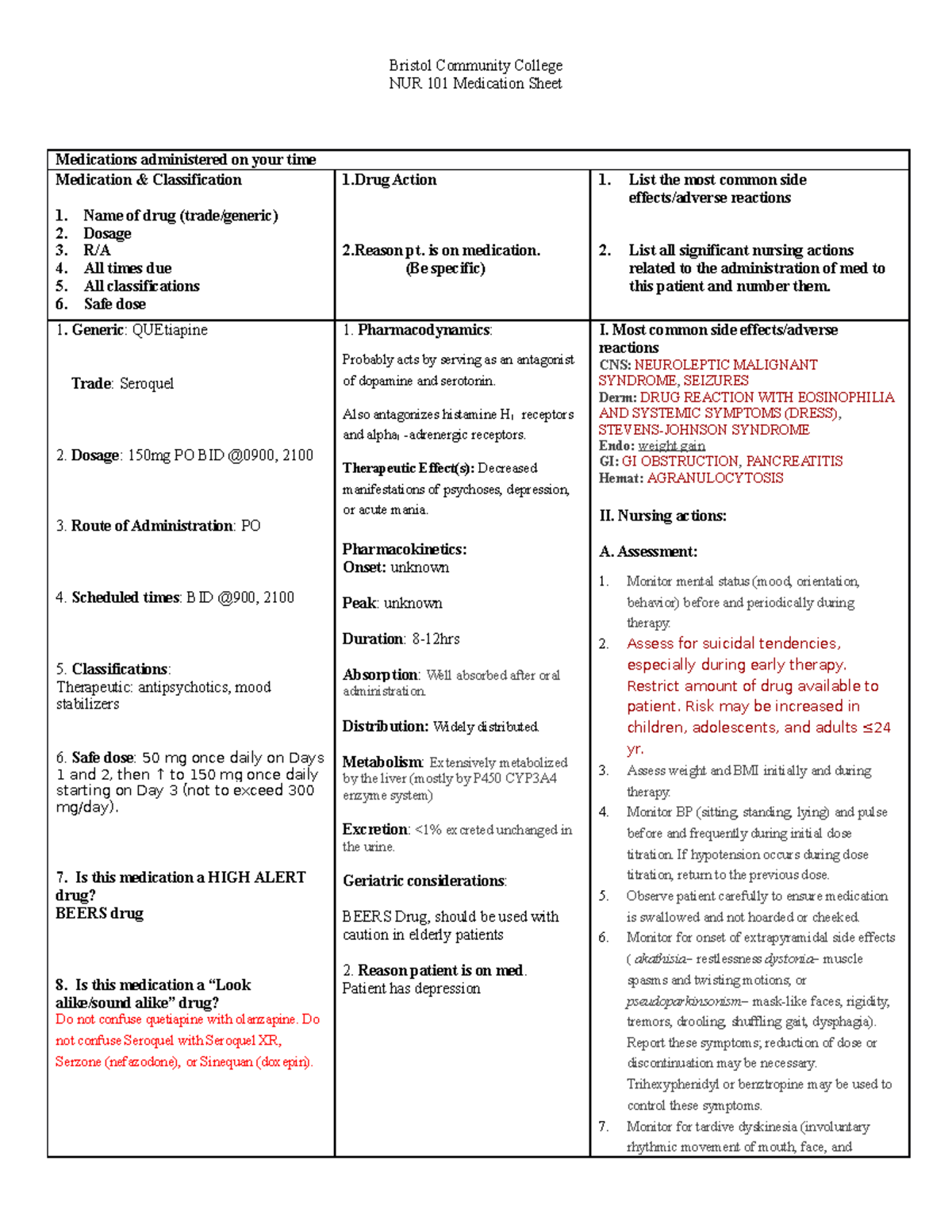 Seroquel - drug sheet - NUR 101 Medication Sheet Medications ...