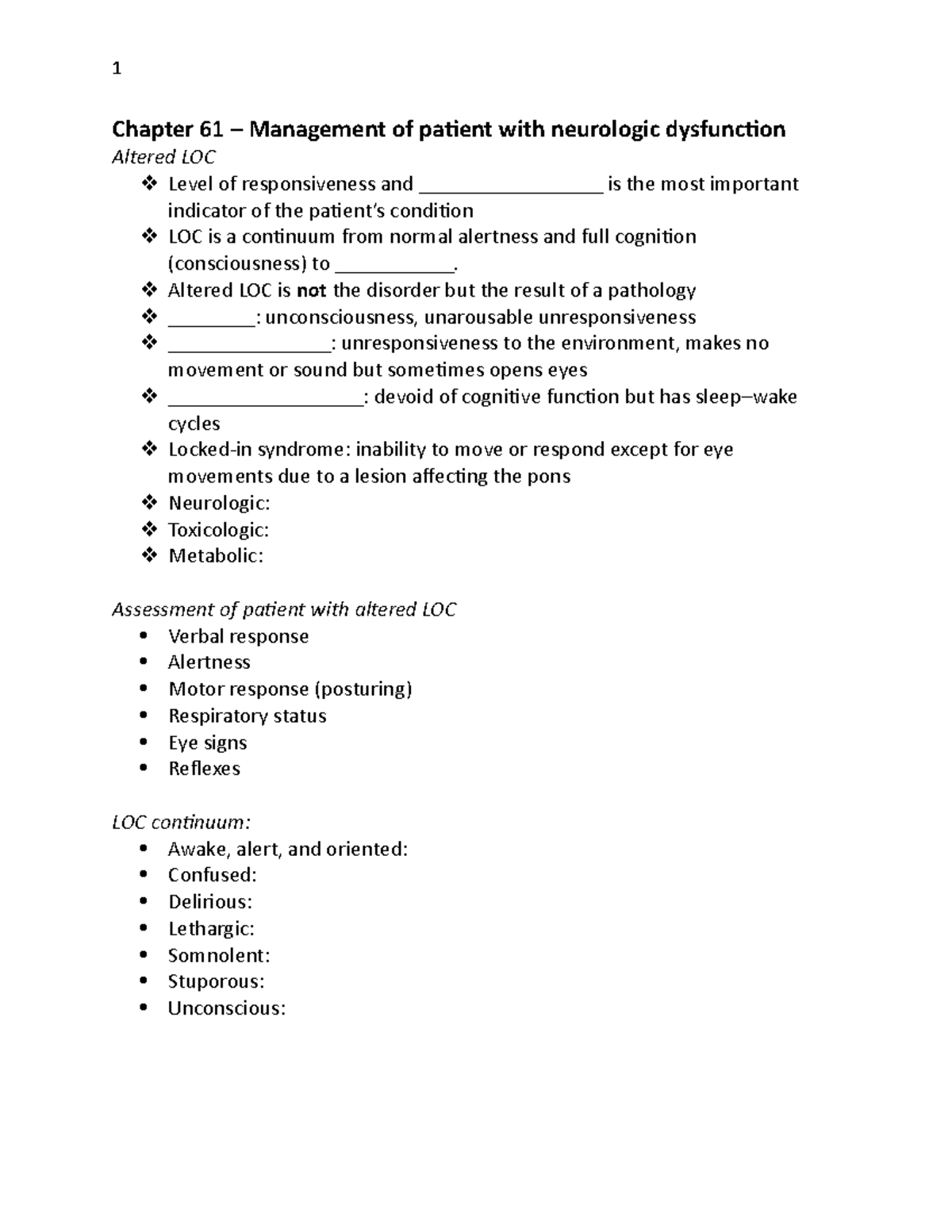 Test 3 notes - neuro - Chapter 61 – Management of patient with ...