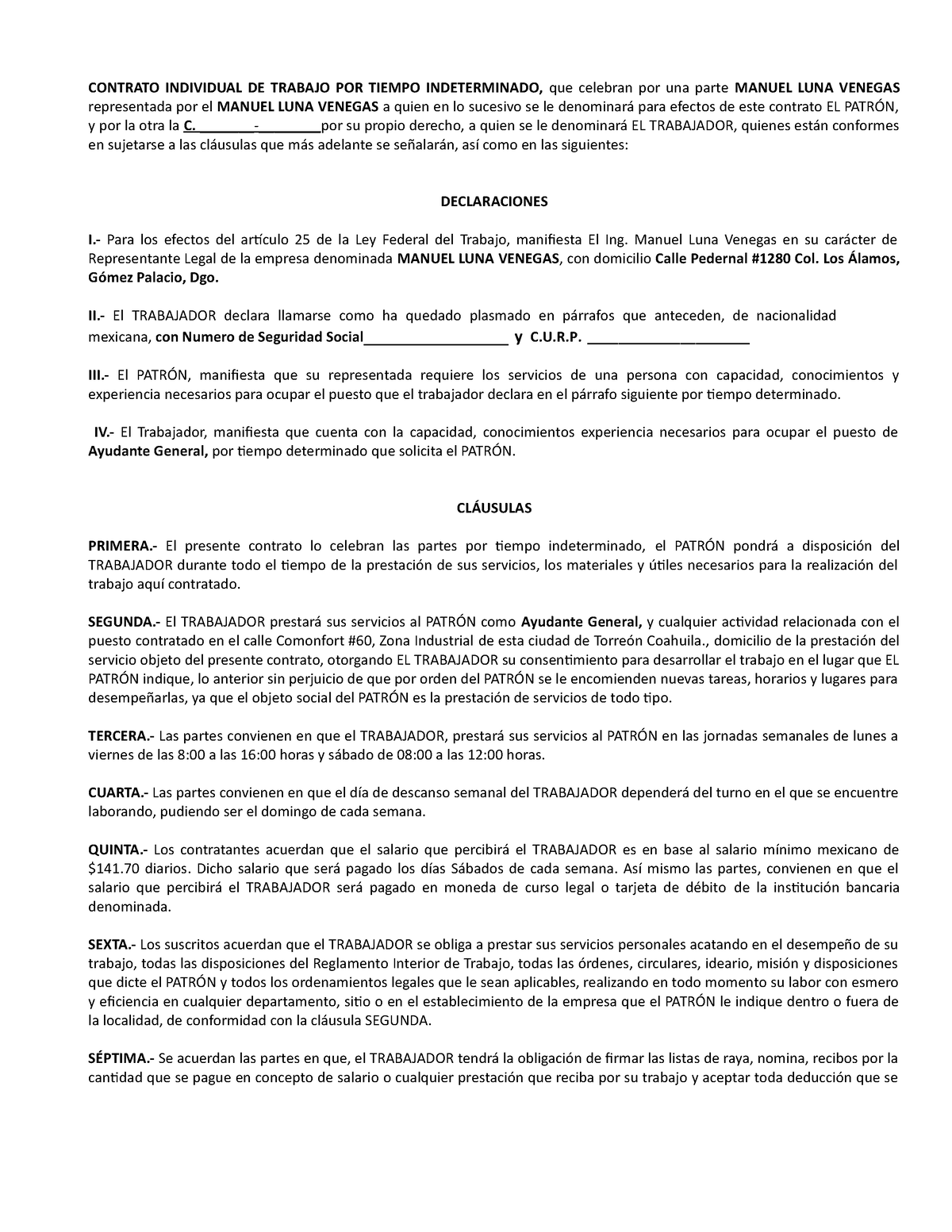 Contrato Individual Trabajo Por Tiempo Indeterminado Contrato Individual De Trabajo Por Tiempo