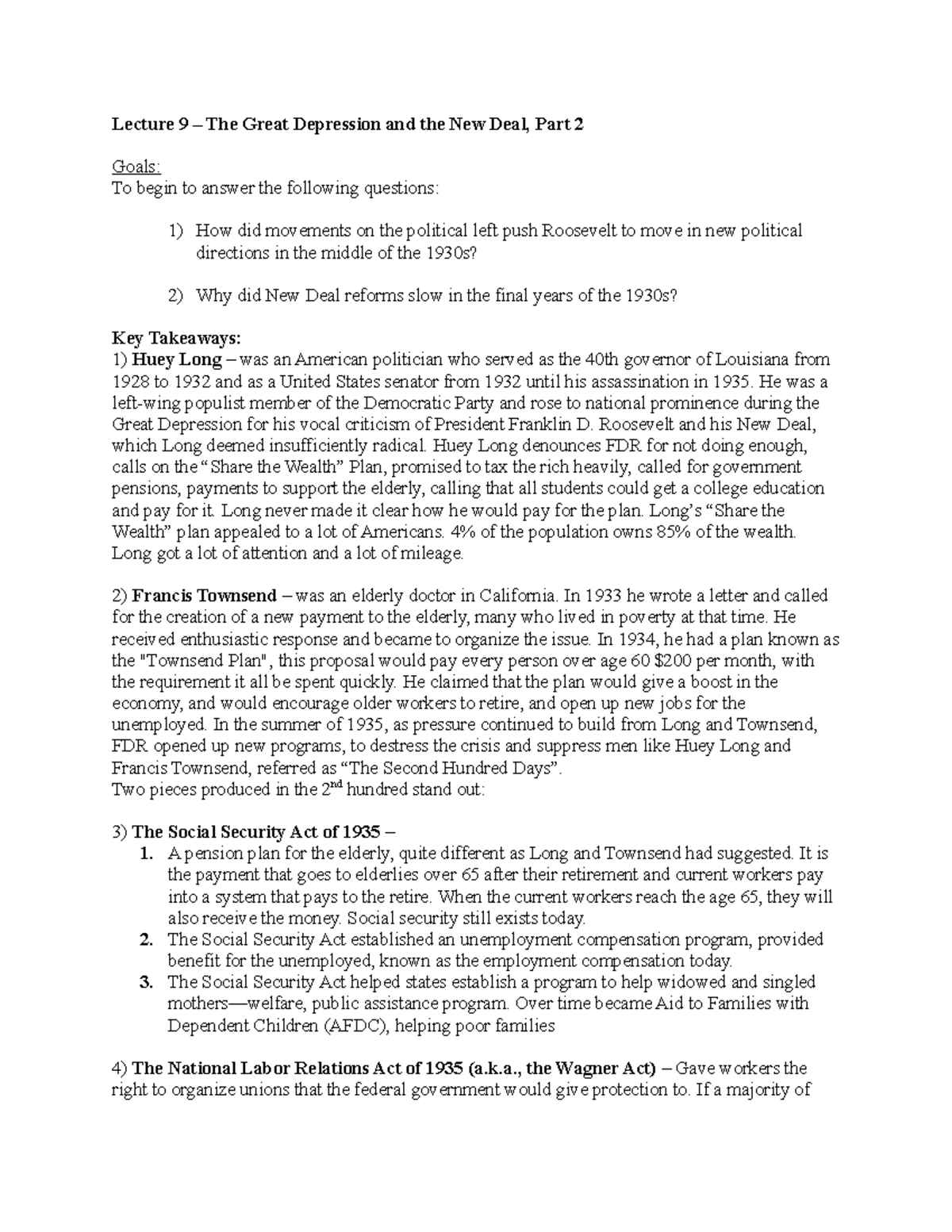Lecture 10 notes - Lecture 9 – The Great Depression and the New Deal ...