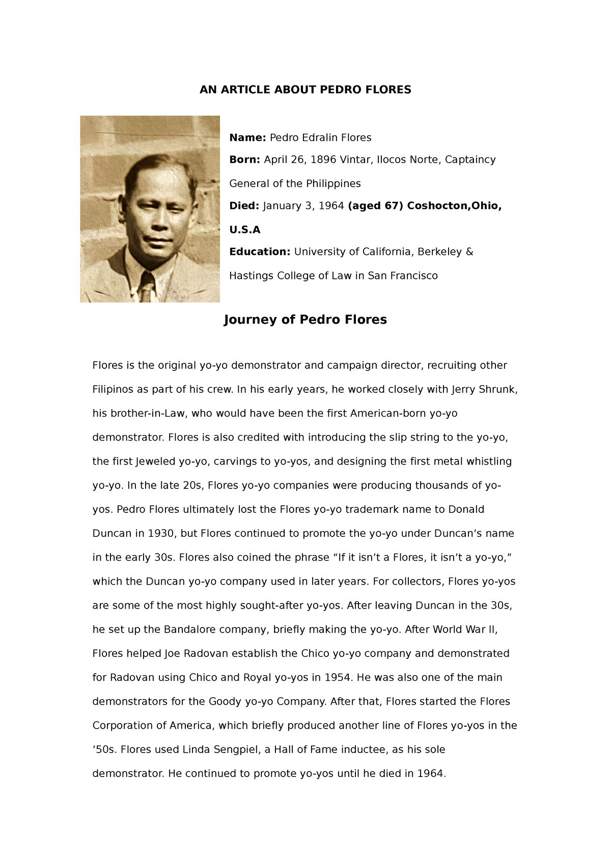 AN Article About Pedro Flores - AN ARTICLE ABOUT PEDRO FLORES Name ...