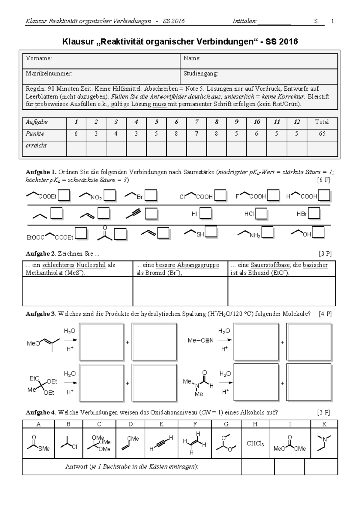 Klausur SS 16 Copy - Alte Kl. - Klausur „Reaktivität Organischer ...