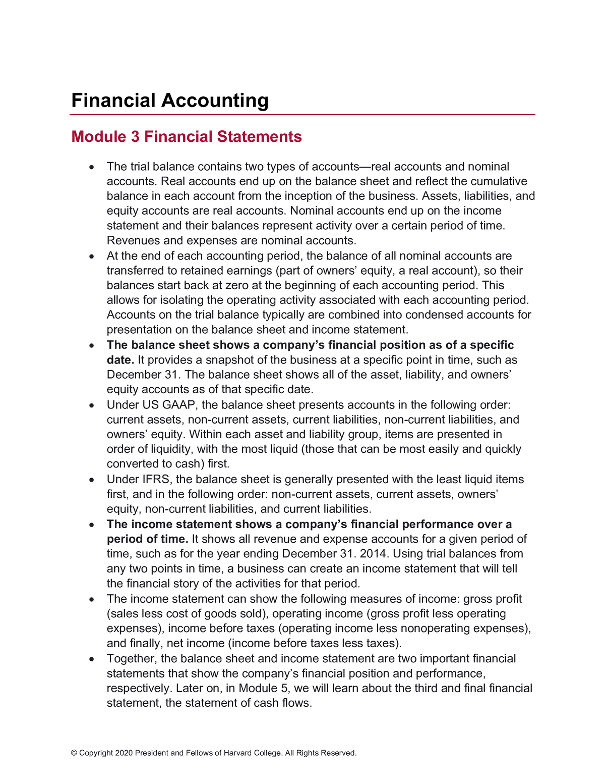 Financial Accounting Module 3 Summary - © Copyright 2020 President and  Fellows of Harvard College. - Studocu