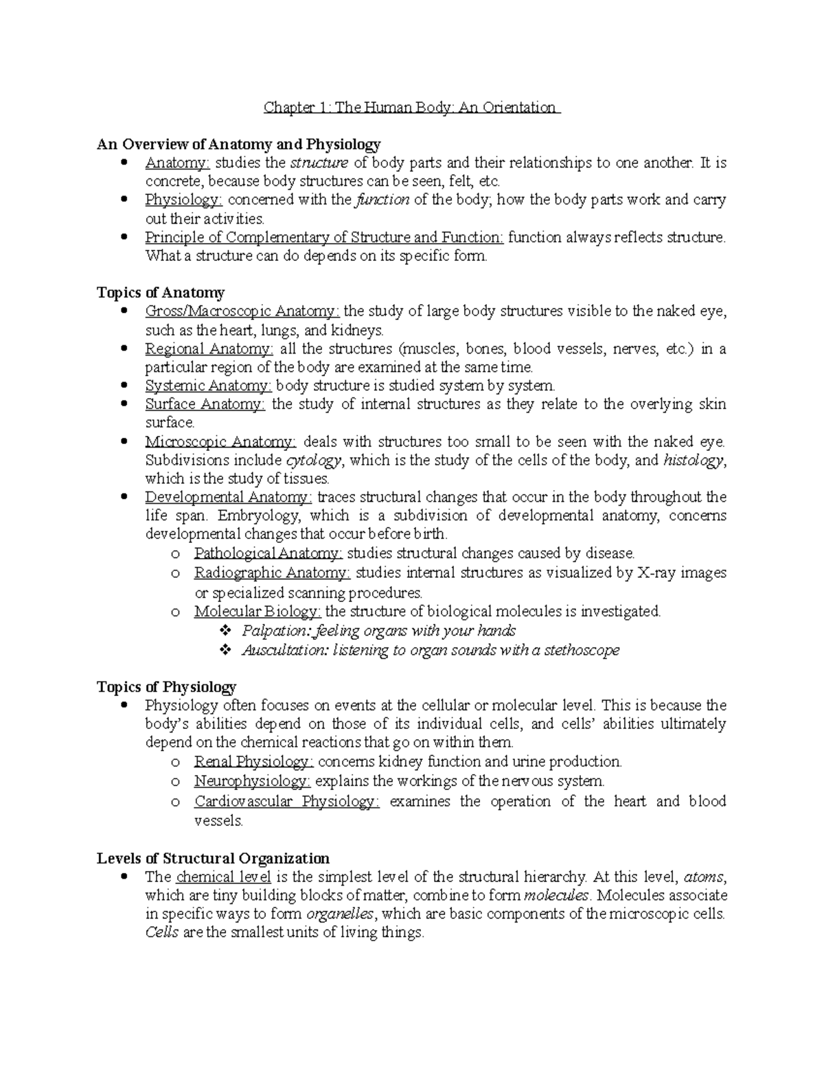 Chpt. 1 Organization of the Body - Chapter 1: The Human Body: An ...
