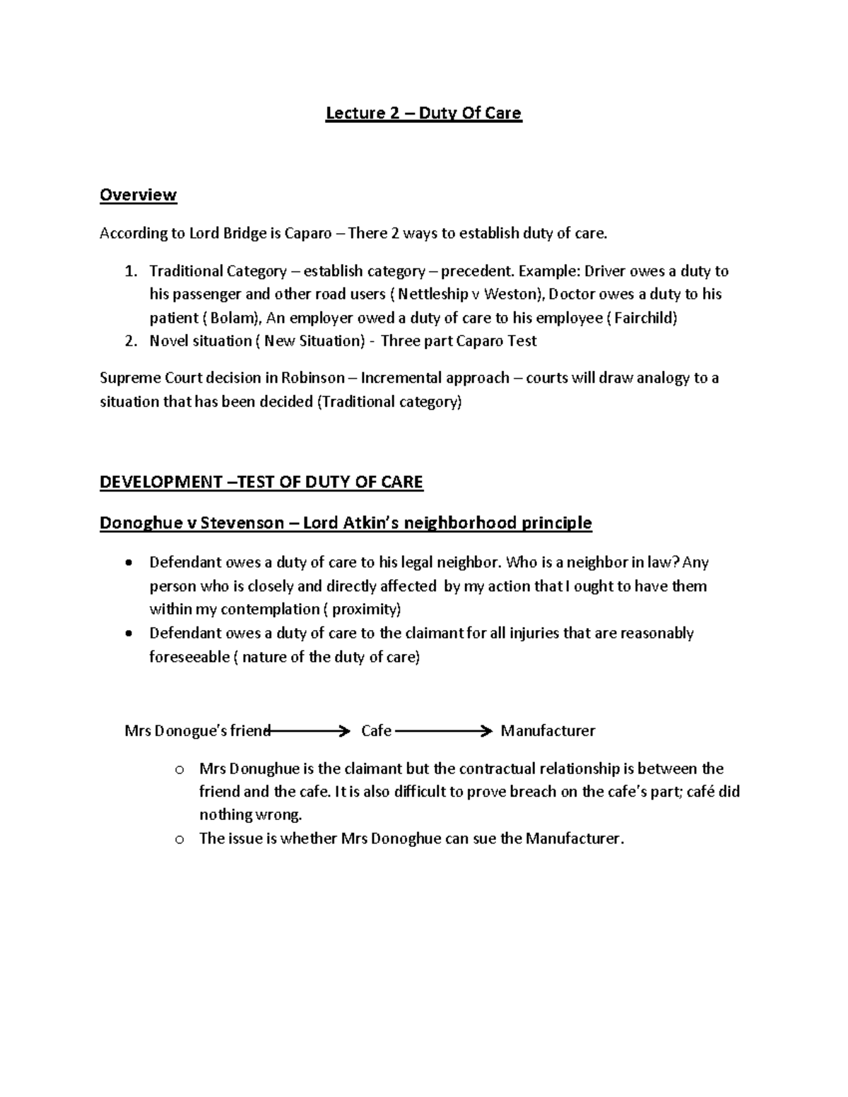 Duty of care - Tort Law - Lecture Notes cases - Lecture 2 – Duty Of ...