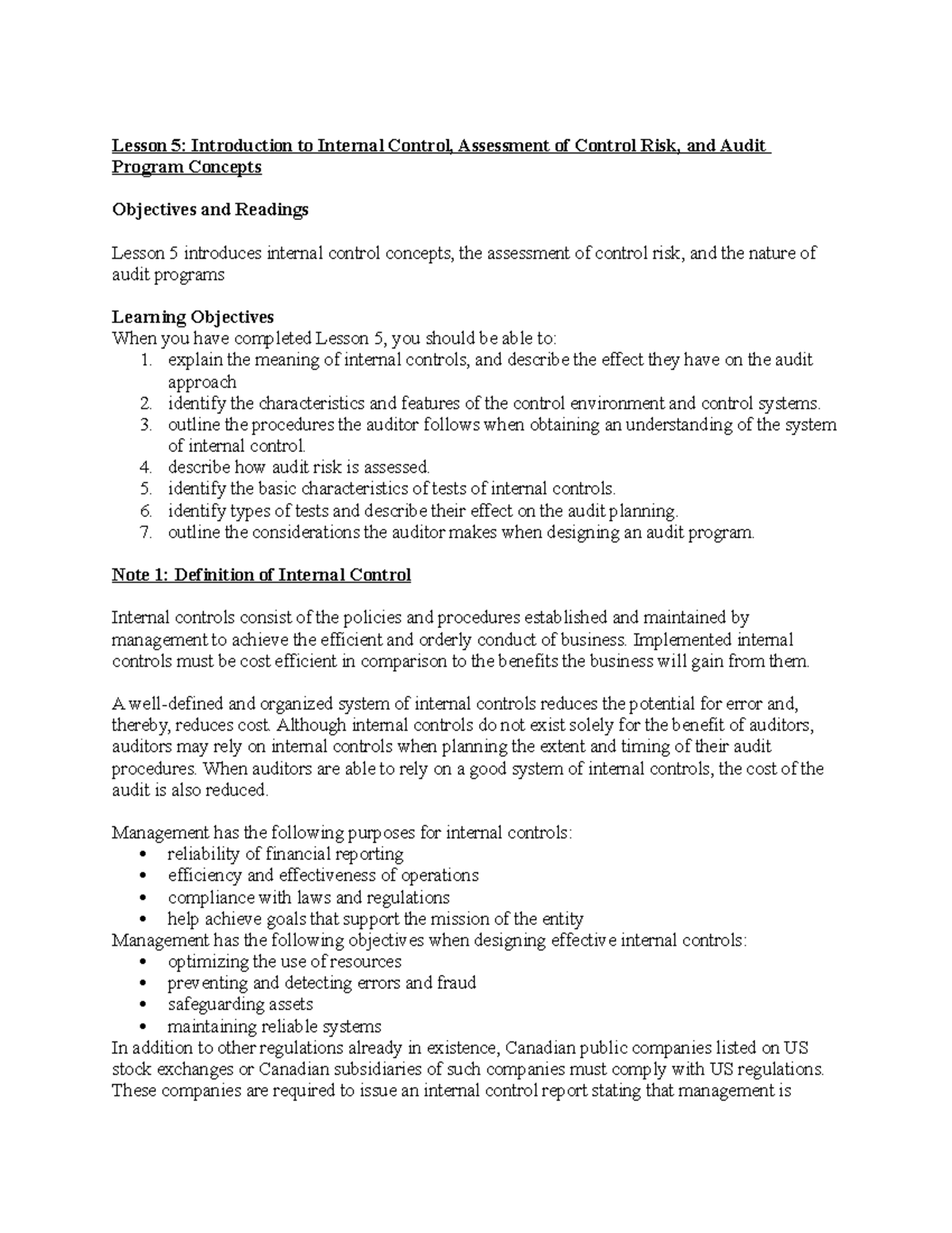 Lesson 5 - Introduction to Internal Control, Assessment of Control Risk ...