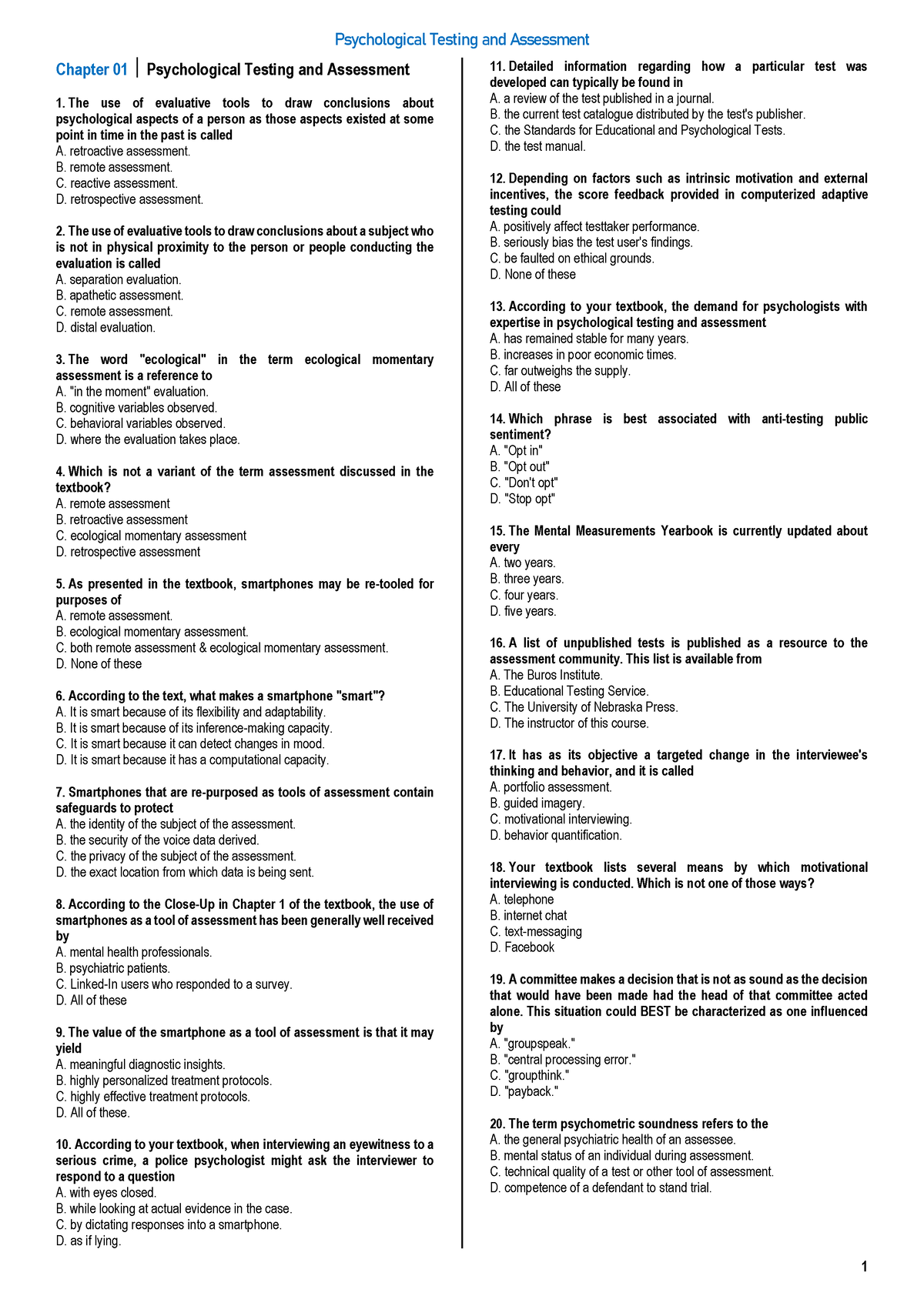 PA TEST BANK Psych Assessment Test Bank Chapter 01 Psychological