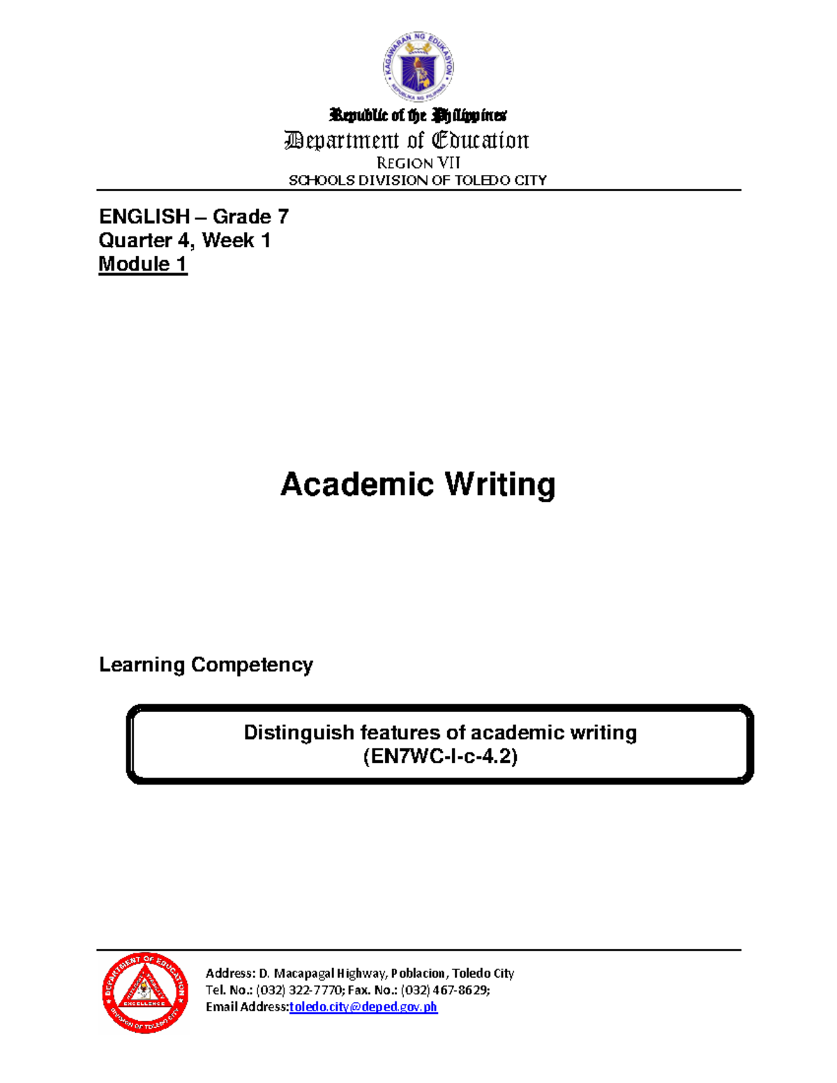 Final-English 7 Q4 Week1 Module 1 Distinguish-features-of-academic ...