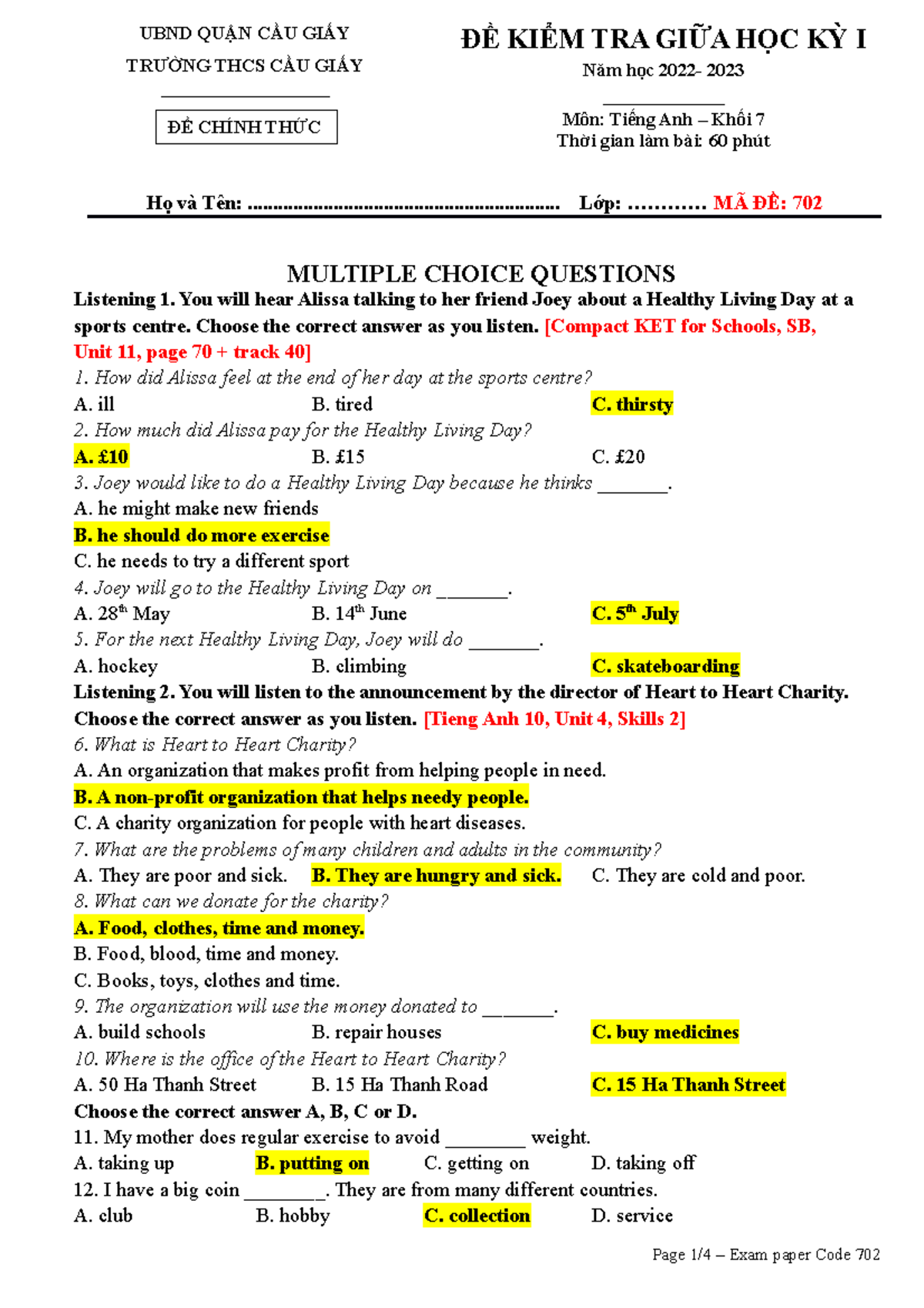 KEY G7 DE SO 2 Mid term test 1st (2223) N2 UBND QUẬN CẦU GIẤY