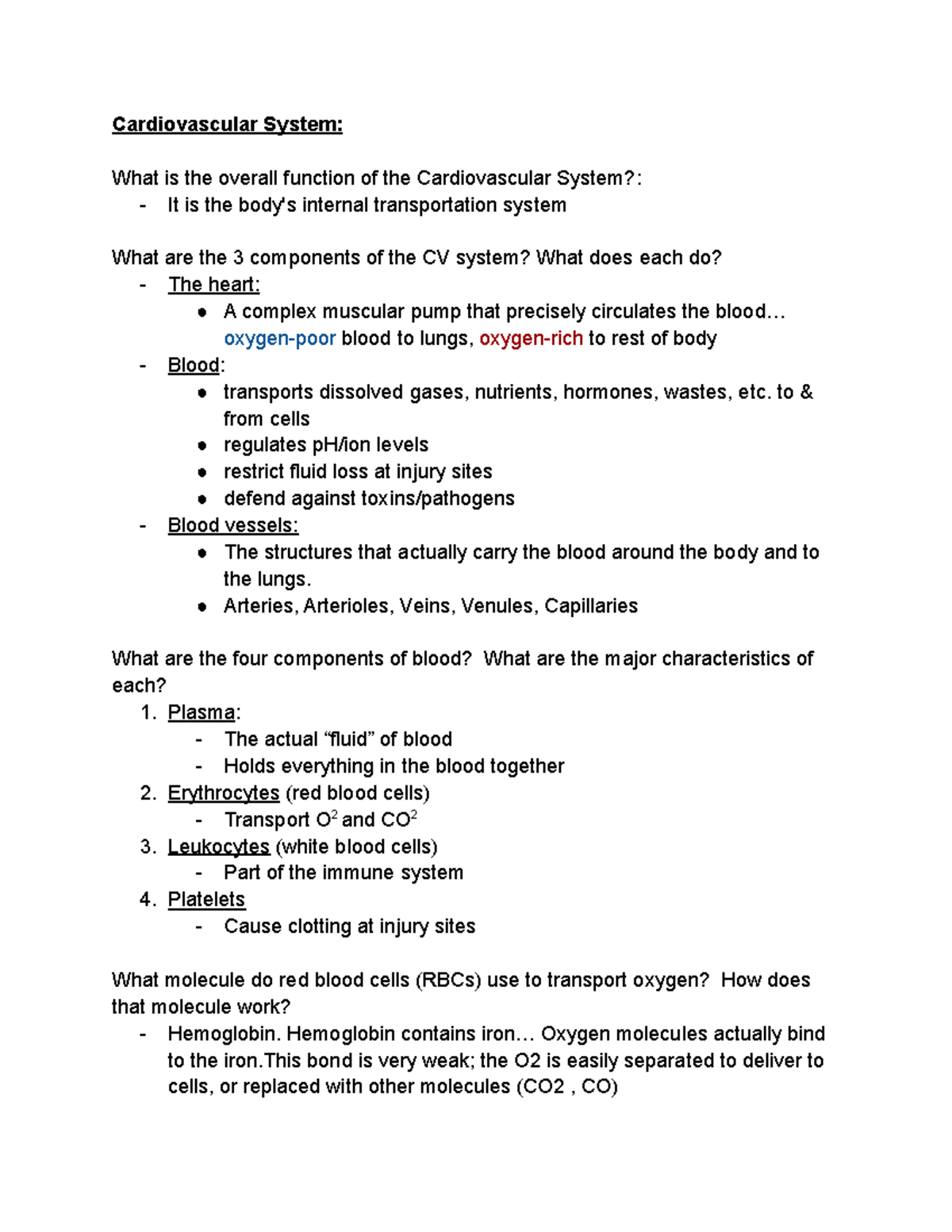 Bio 2 -Exam 3 study guide - Cardiovascular System: What is the overall ...