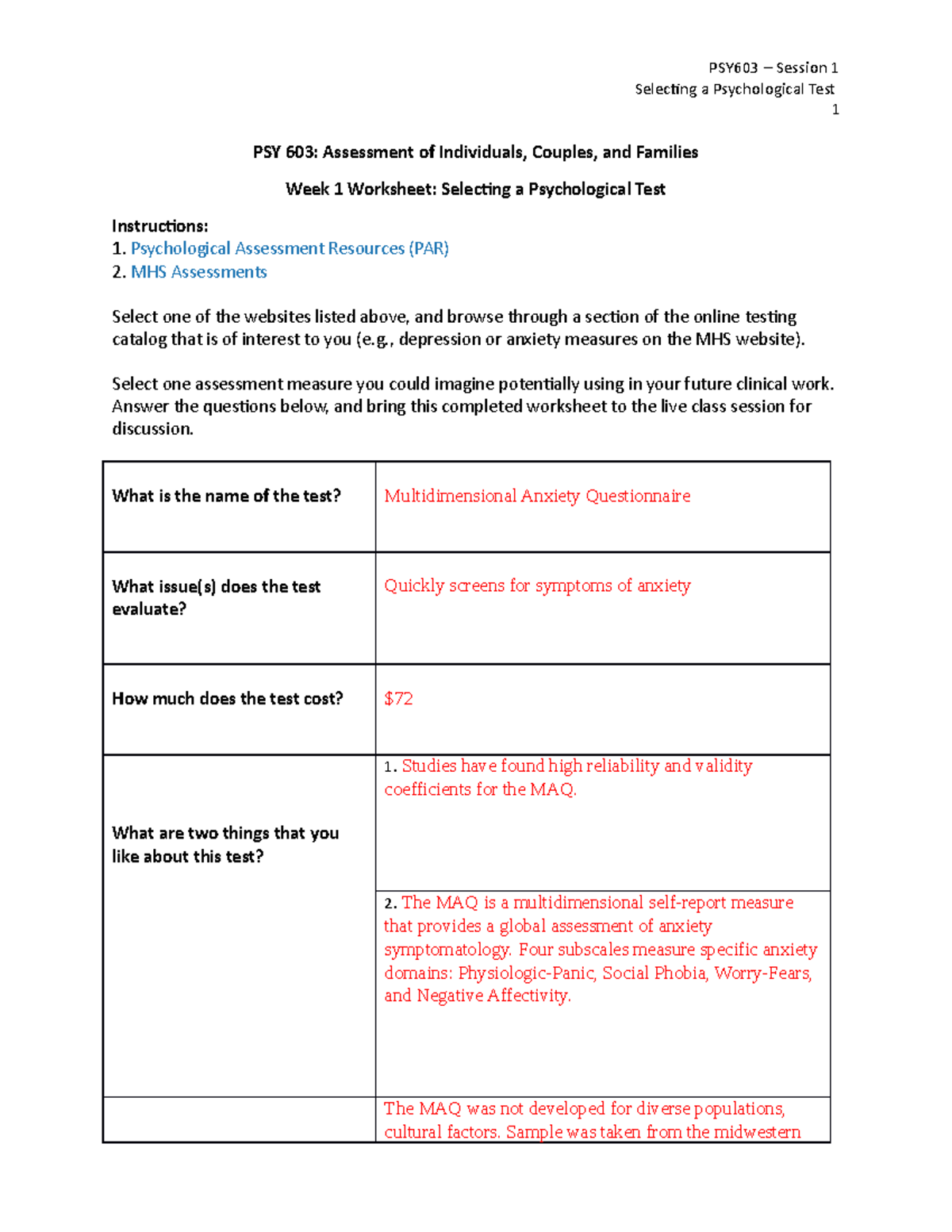 Week 1 worksheet - week 1 - PSY603 – Session 1 Selecting a ...