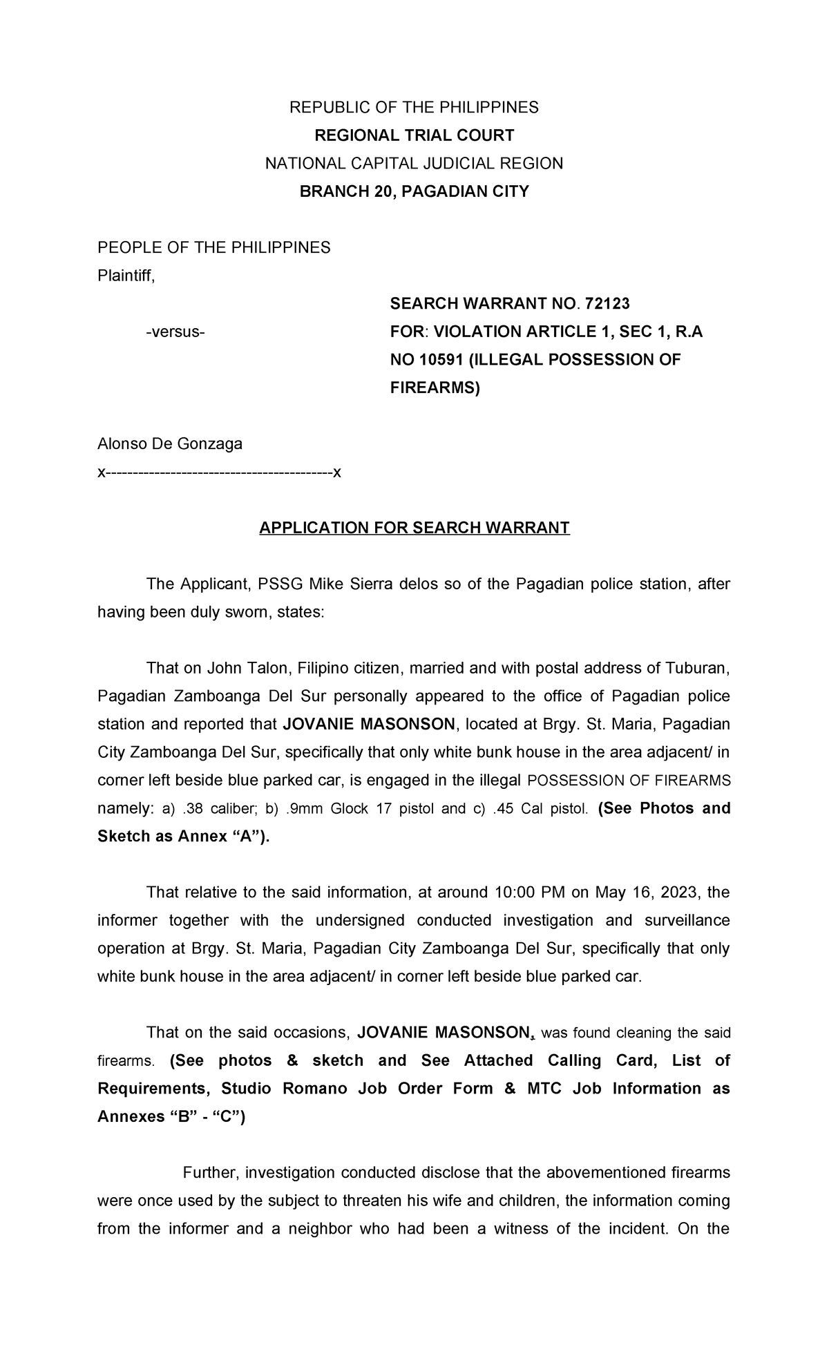 Application for Search Warrant 1 - REPUBLIC OF THE PHILIPPINES REGIONAL ...