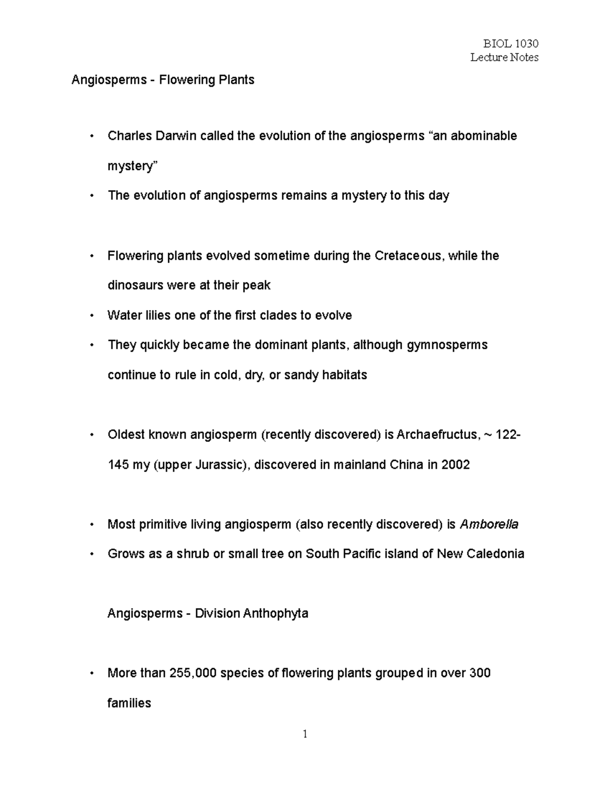 2021 BIOL 1030 Organismal Biology Lecture Notes Angiosperms 11A ...