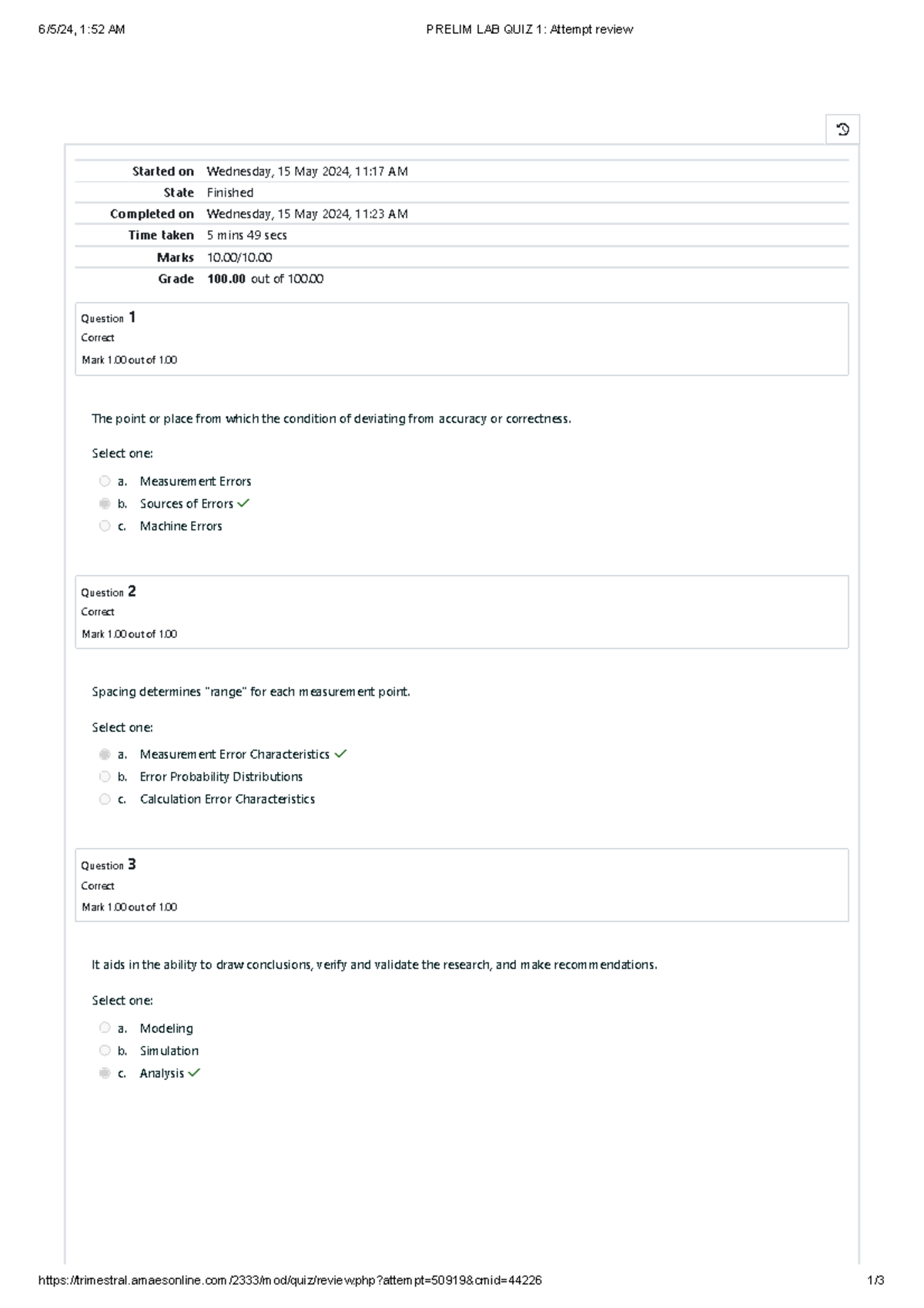 Prelim LAB QUIZ 1 Attempt review - Started on Wednesday, 15 May 2024 ...