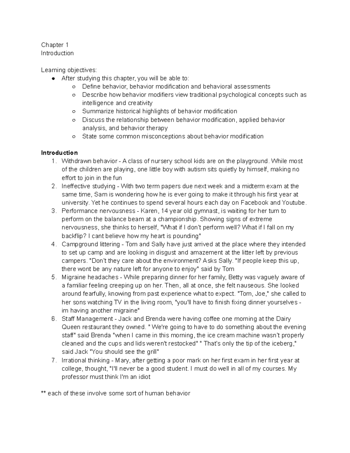 Behavior Mod Chapter Notes - Chapter 1 Introduction Learning Objectives ...