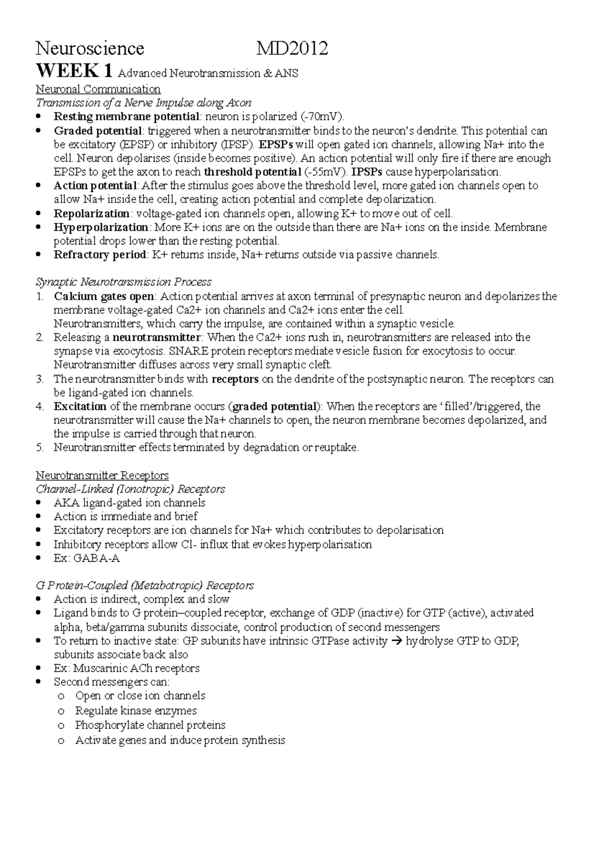 Neuro Notes - Neuroscience MD WEEK 1 Advanced Neurotransmission & ANS ...