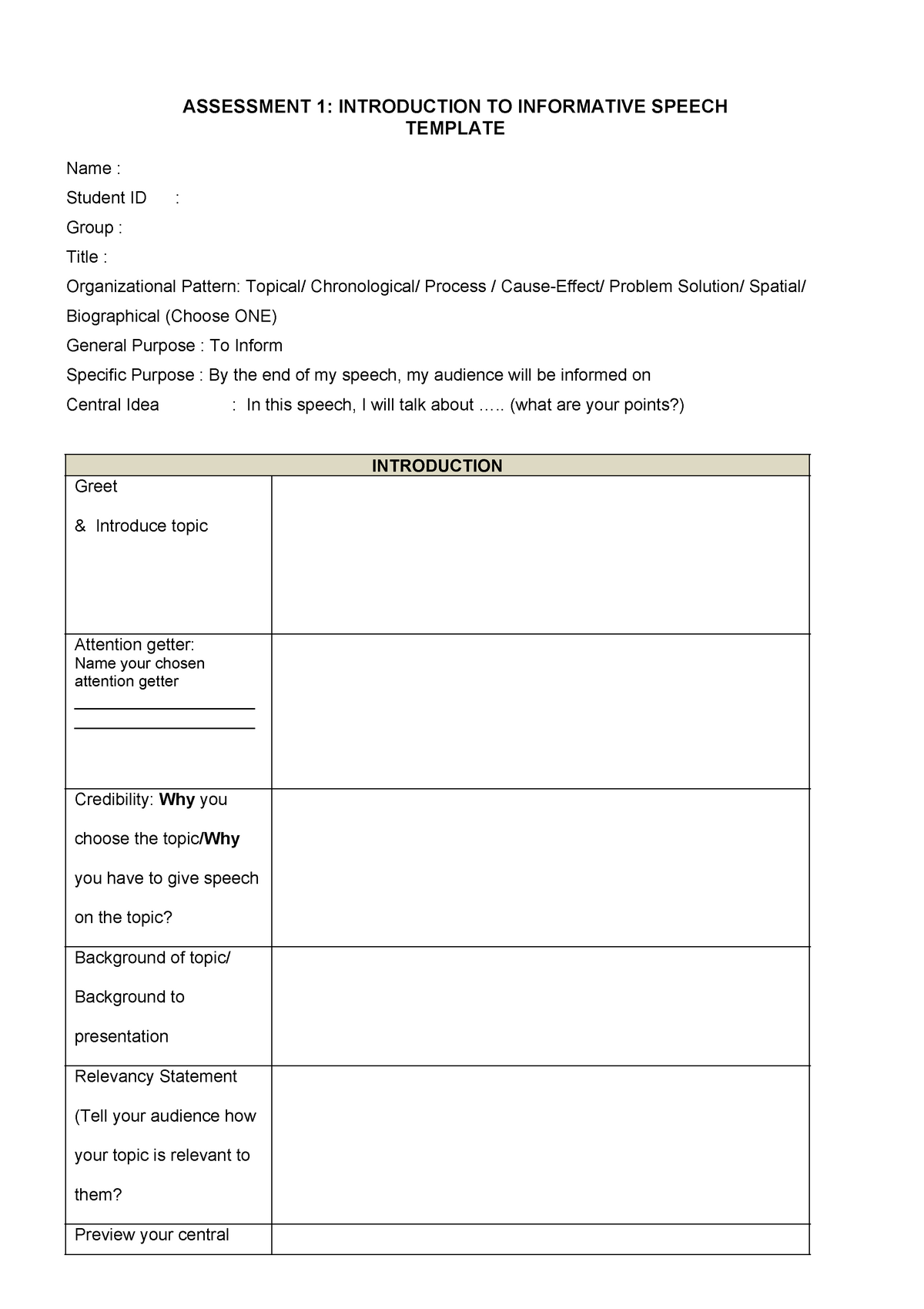 Outline infromative speech - ASSESSMENT 1: INTRODUCTION TO INFORMATIVE ...