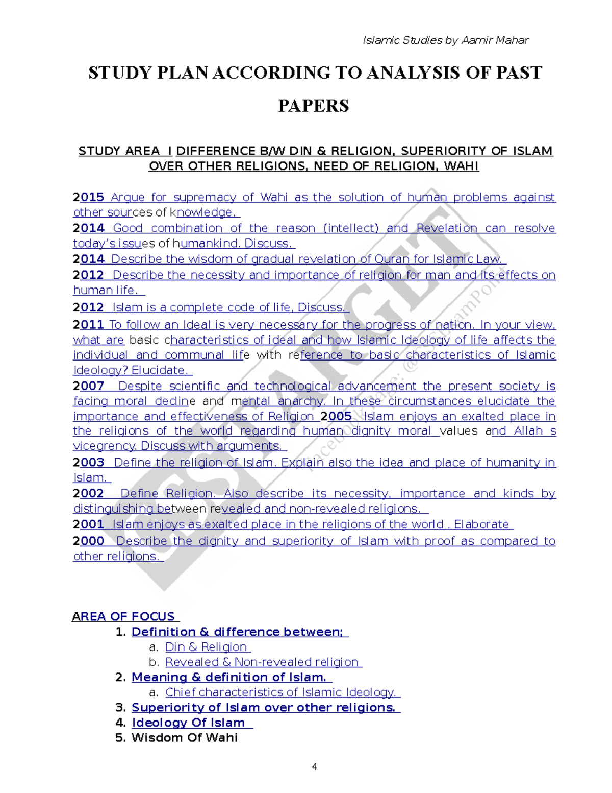Islamiat Notes (Aamir Mahar) - STUDY PLAN ACCORDING TO ANALYSIS OF PAST ...