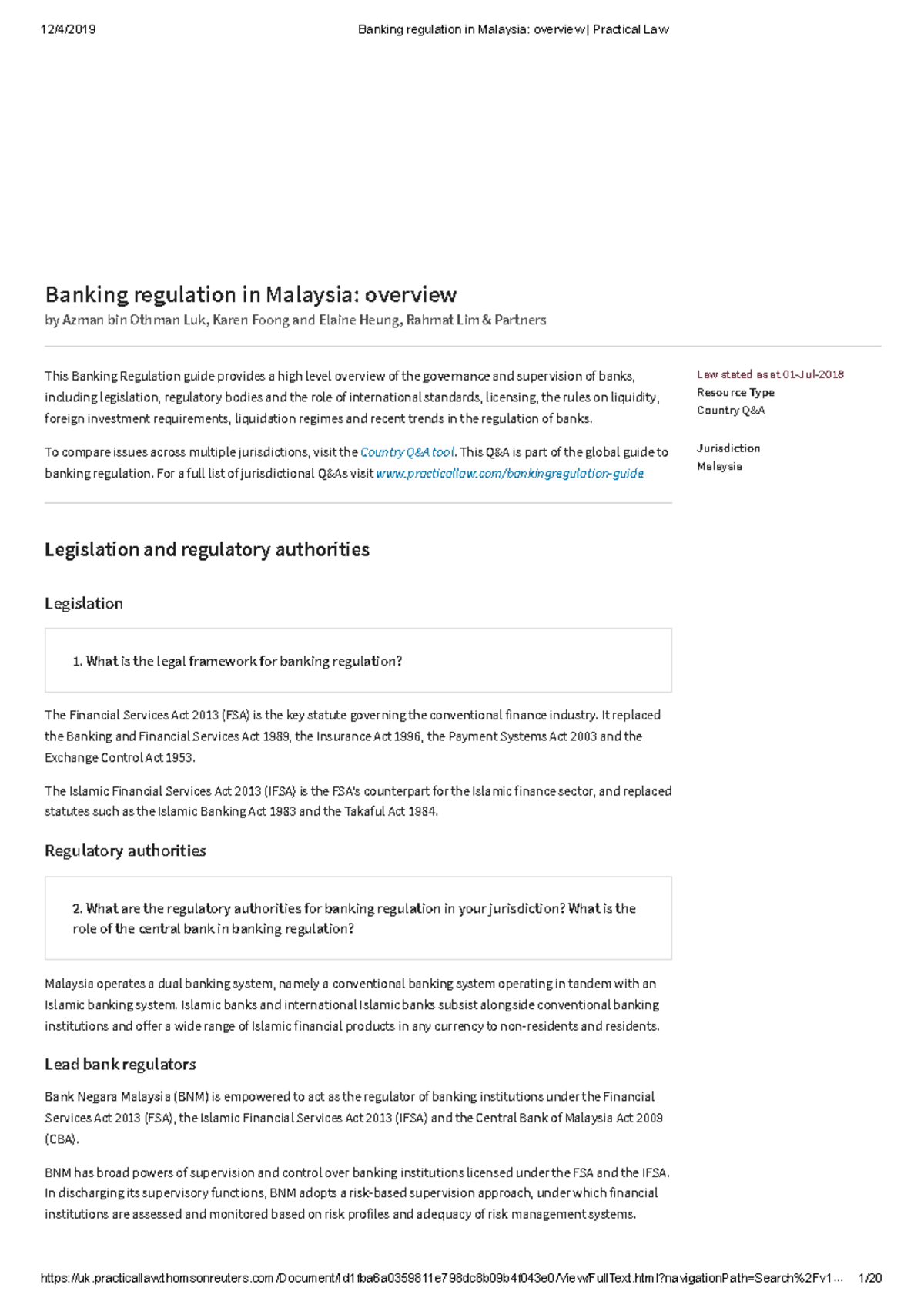 Banking regulation in Malaysia overview Practical Law This Banking