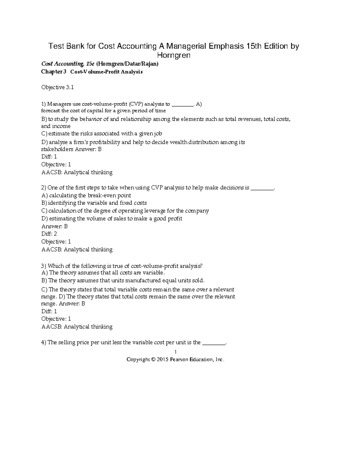 Test Bank For For Cost Accounting A Managerial Emphasis 15th Edition Horngren Download Studocu