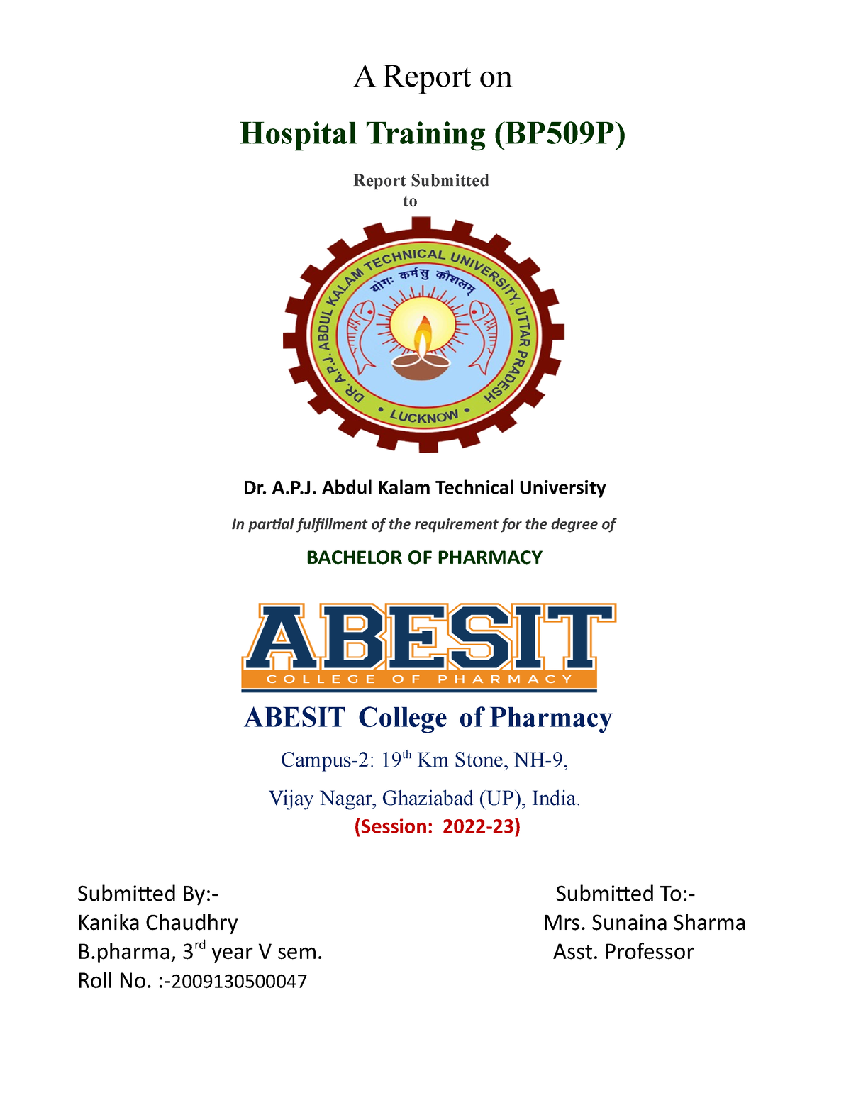 Hospital Training Report - A Report On Hospital Training (BP509P ...