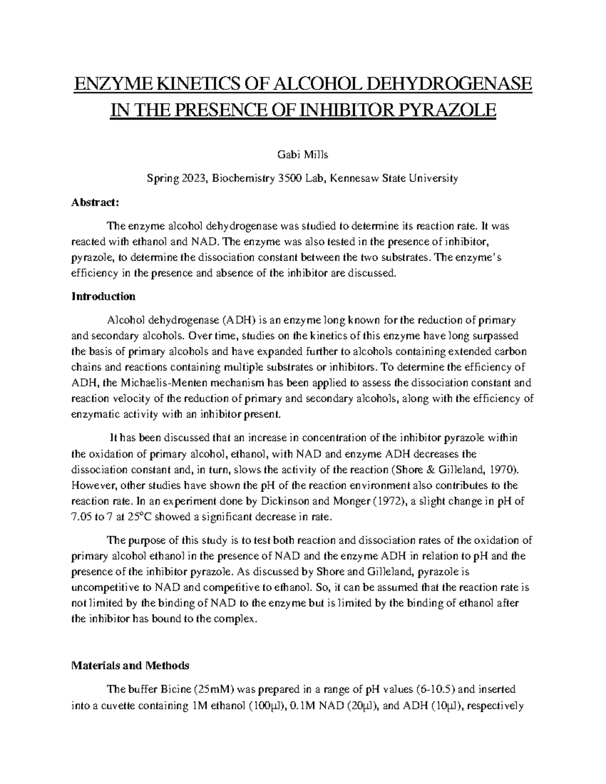 Enzyme Report ENZYME OF ALCOHOL DEHYDROGENASE IN