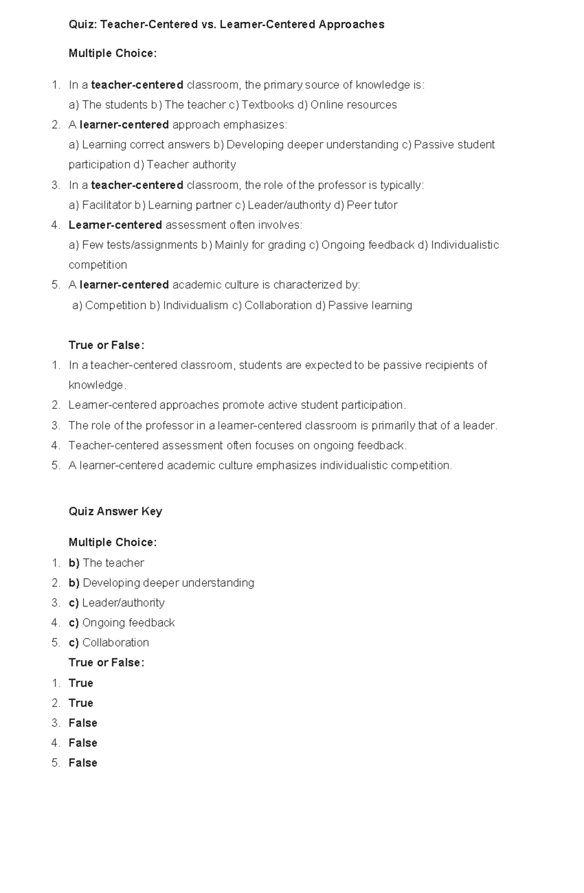 Quiz learner centered teaching - Quiz: Teacher-Centered vs. Learner ...