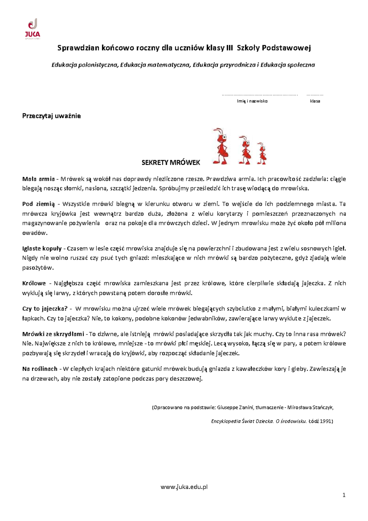 Sprawdzian Koncowy Roczny Dla Uczniow Klas 3 Szkoly Podstawowej