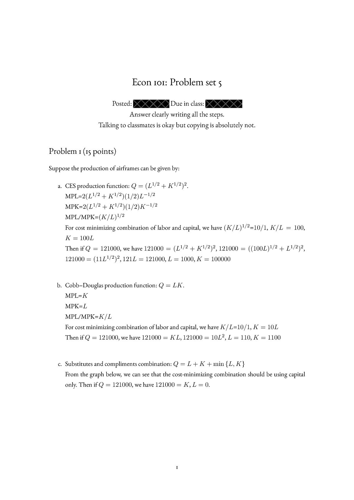 Pset 5 Econ 101 Solutions - Econ 101: Problem Set 5 Posted: Due In ...