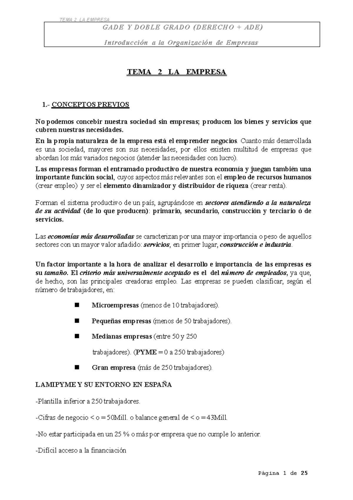 Tema 2. La Empresa - RESUMEN TEMA 2 INTOE - Introducción a la ...